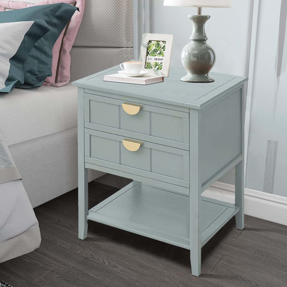 Mid Century Modern Nightstand with 2 Drawers & Shelf Storage - Wood Accent End Table with Metal Handles for Bedroom & Living Room - Olive Green - Perfect for Small Spaces & Apartment Decor