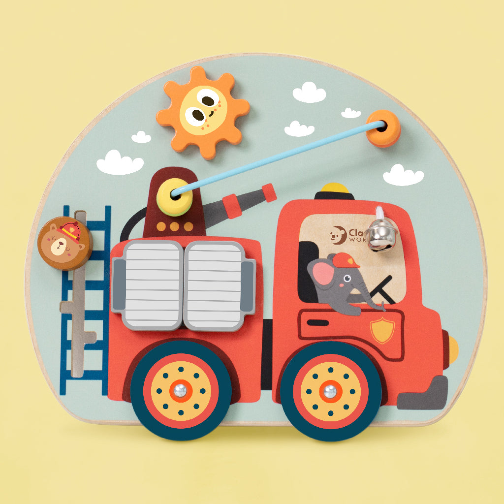Wooden Fire Engine Busy Board - Montessori Sensory Toy for Toddlers - Fine Motor Skills Activity - Perfect for Travel & Home Play
