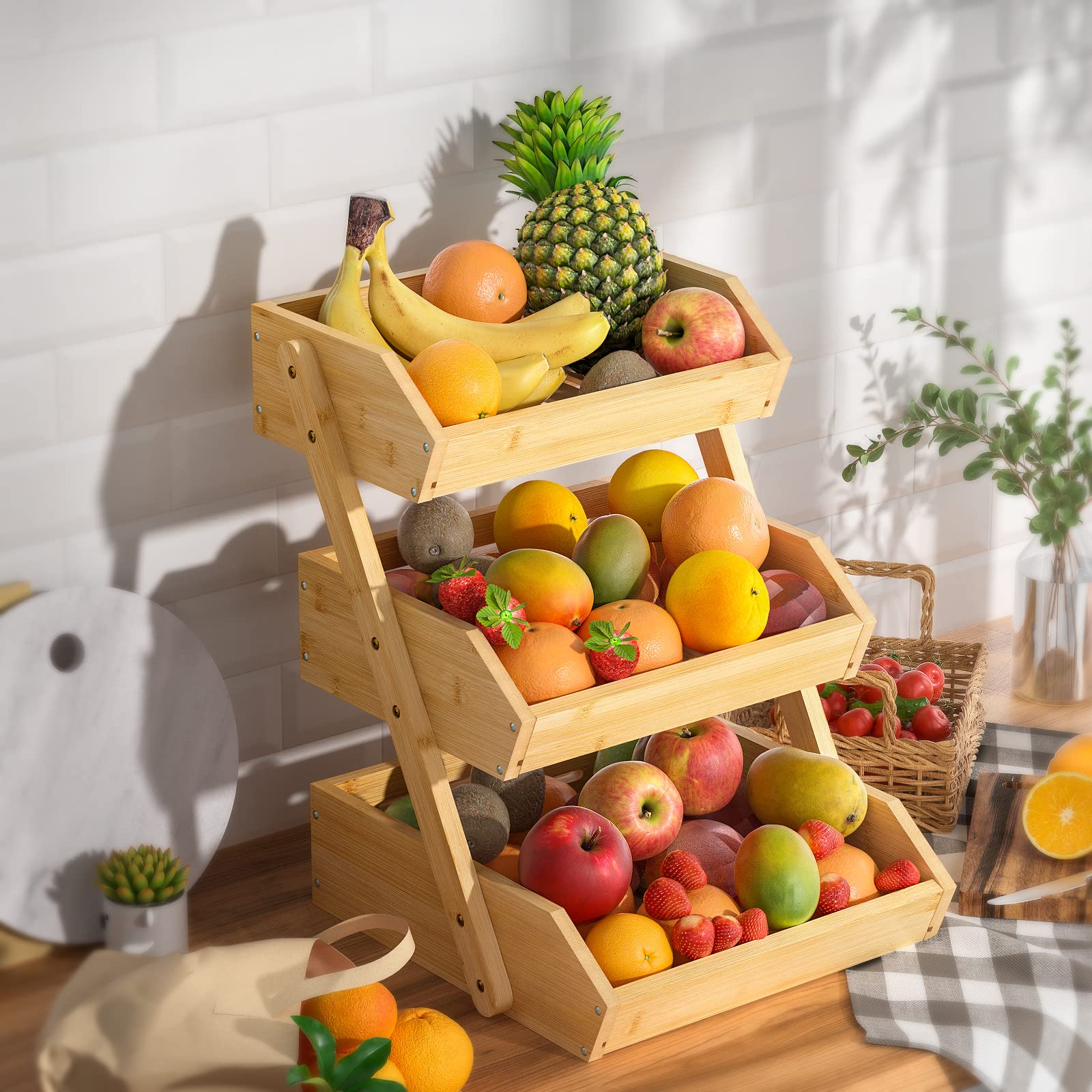 Premium Bamboo Fruit Basket - 15mm Thick Kitchen Countertop Organizer for Fruits & Vegetables | Durable Storage Stand with Easy Self-Assembly | Perfect for Pantry, Dining Table, and Farmhouse Style Kitchens