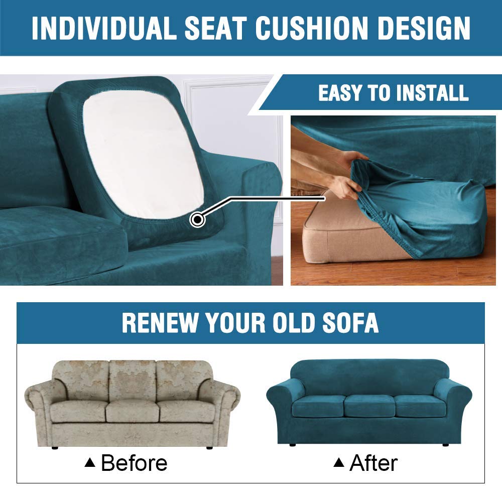 H.VERSAILTEX 4-Piece Velvet Plush Sofa Slipcover Set with 3-Piece Loveseat Cover - Deep Teal Blue - Soft Stretch Couch Covers for Living Room, Sectional, Furniture Protection