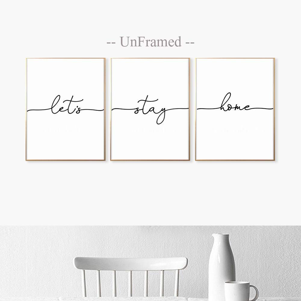 Set of 3 Minimalist Scandinavian Wall Art Prints - 11x14 Inch Unframed Rustic Home Decor for Bedroom, Living Room & Office - 'Let's Stay Home' Modern Wall Hangings