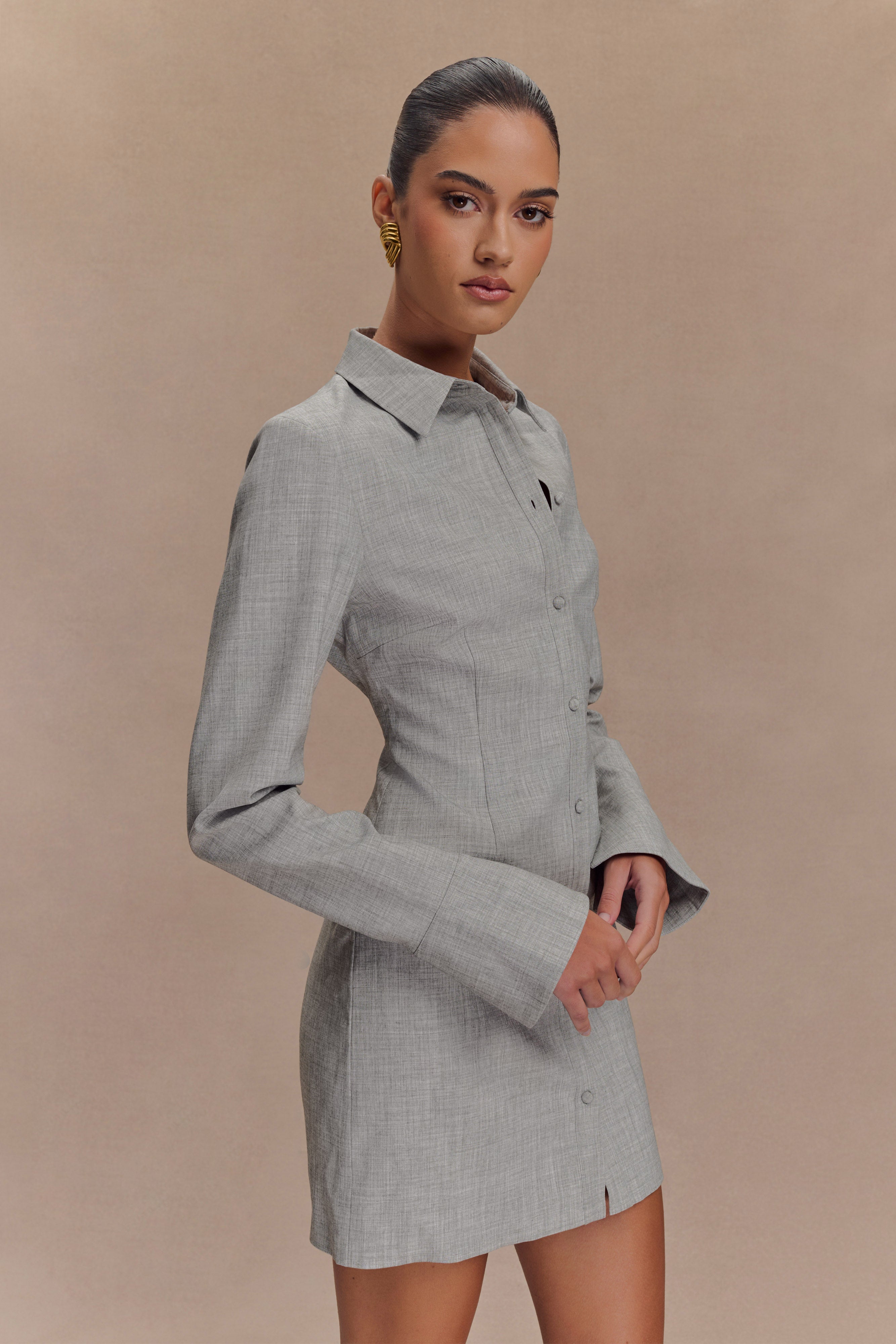 Dorian Fitted Shirt Mini Dress for Women - Slim Fit Short Sleeve Casual Summer Dress in Charcoal Marle - Perfect for Office, Date Night & Summer Outings