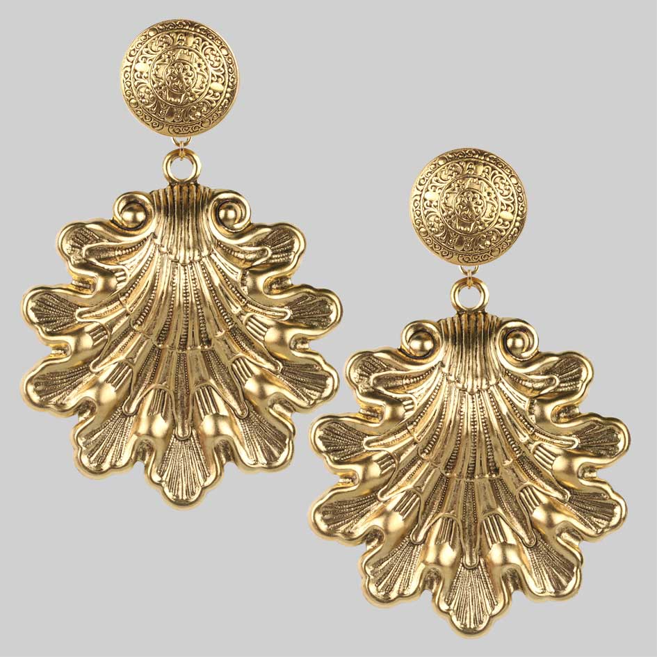 Ariel Gold Ornate Shell Statement Earrings - Elegant Boho Jewelry for Women, Beach Wedding, Party & Special Occasions