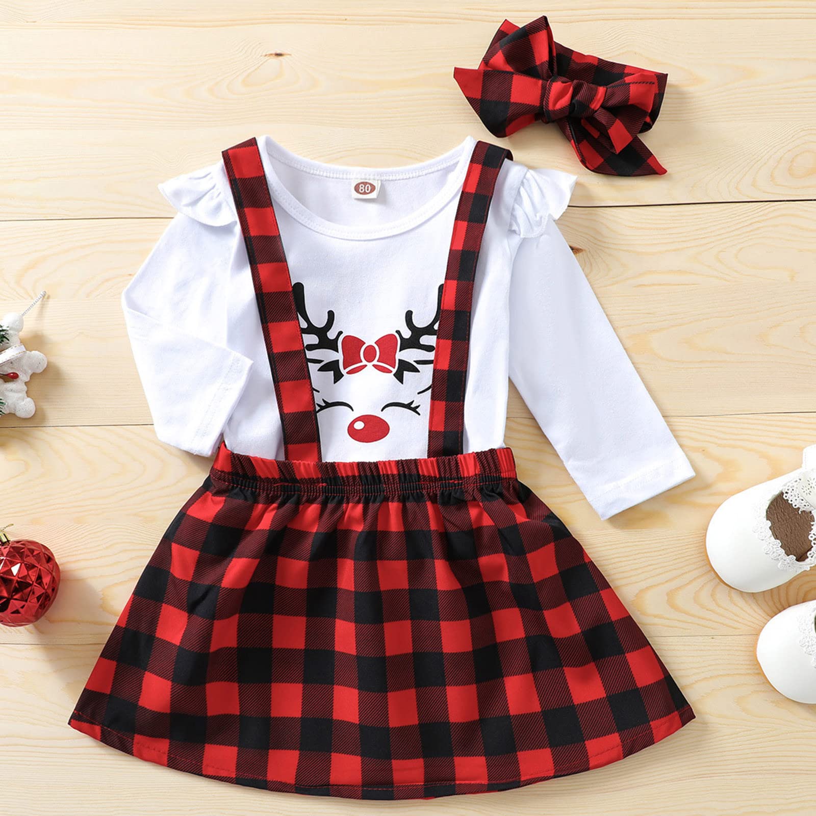 Girls Christmas Outfits Set - Long Sleeve Deer Printed Top with Plaid Dot Cartoon Suspender Skirt & Headband | Holiday Party, Family Photos, School Celebration