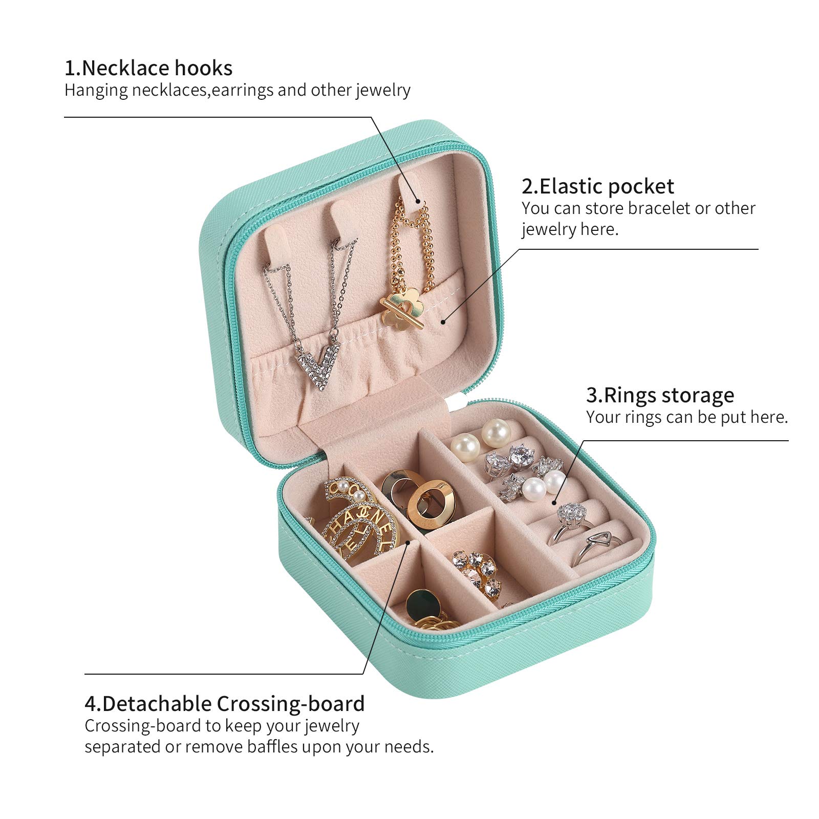 CASEGRACE Portable Jewelry Travel Organizer - Small Jewelry Box for Rings, Earrings, Necklaces & Bracelets | Compact Jewelry Display Storage Case | Perfect Gift for Women & Girls | Ideal for Travel, Vacation & Daily Use (Blue)