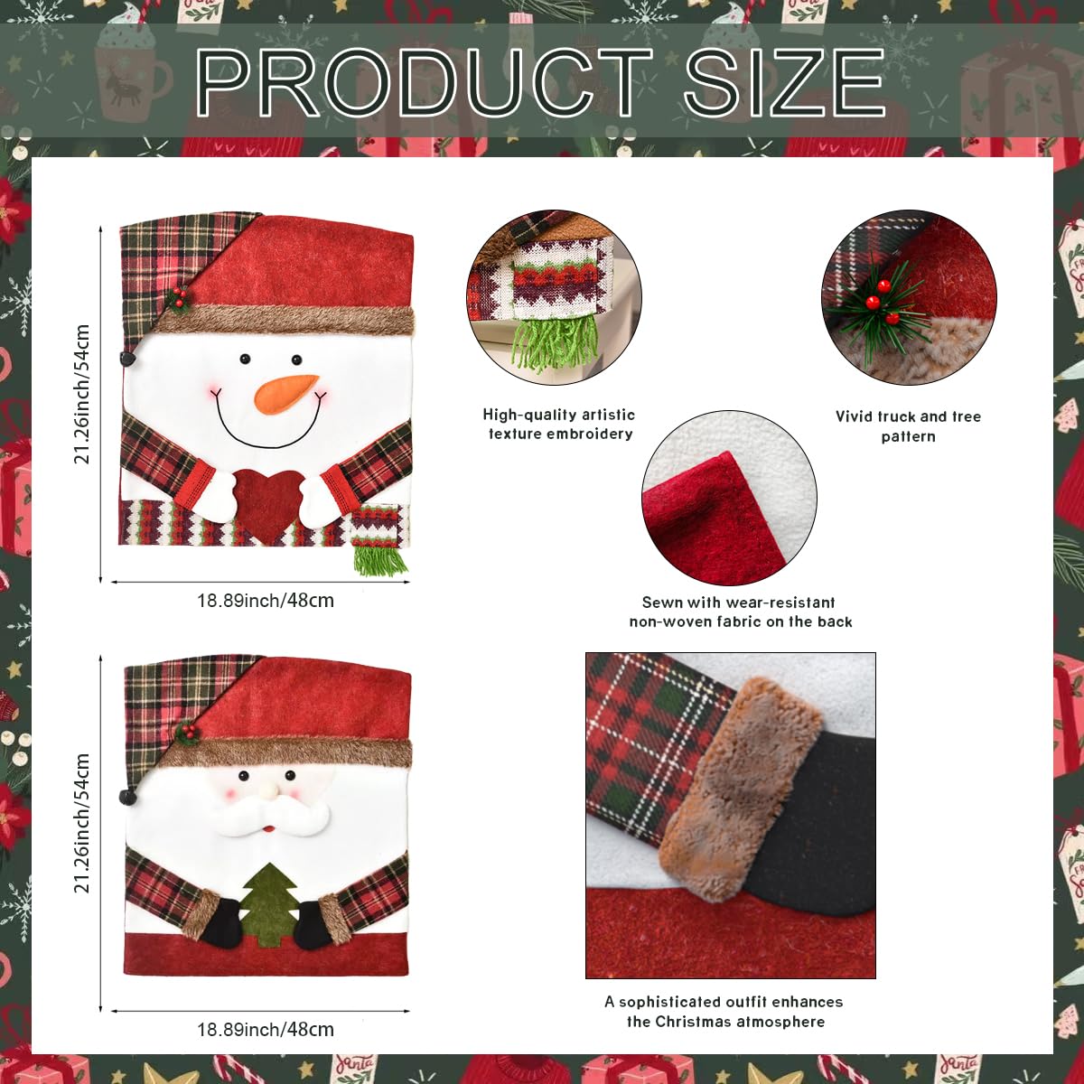 Christmas Chair Covers Set of 2 - Santa Snowman Holiday Chair Back Covers for Dining Room, Kitchen & Party Decor (Red & Green, Large) - Perfect for Christmas Dinner, Holiday Gatherings & Festive Home Decor