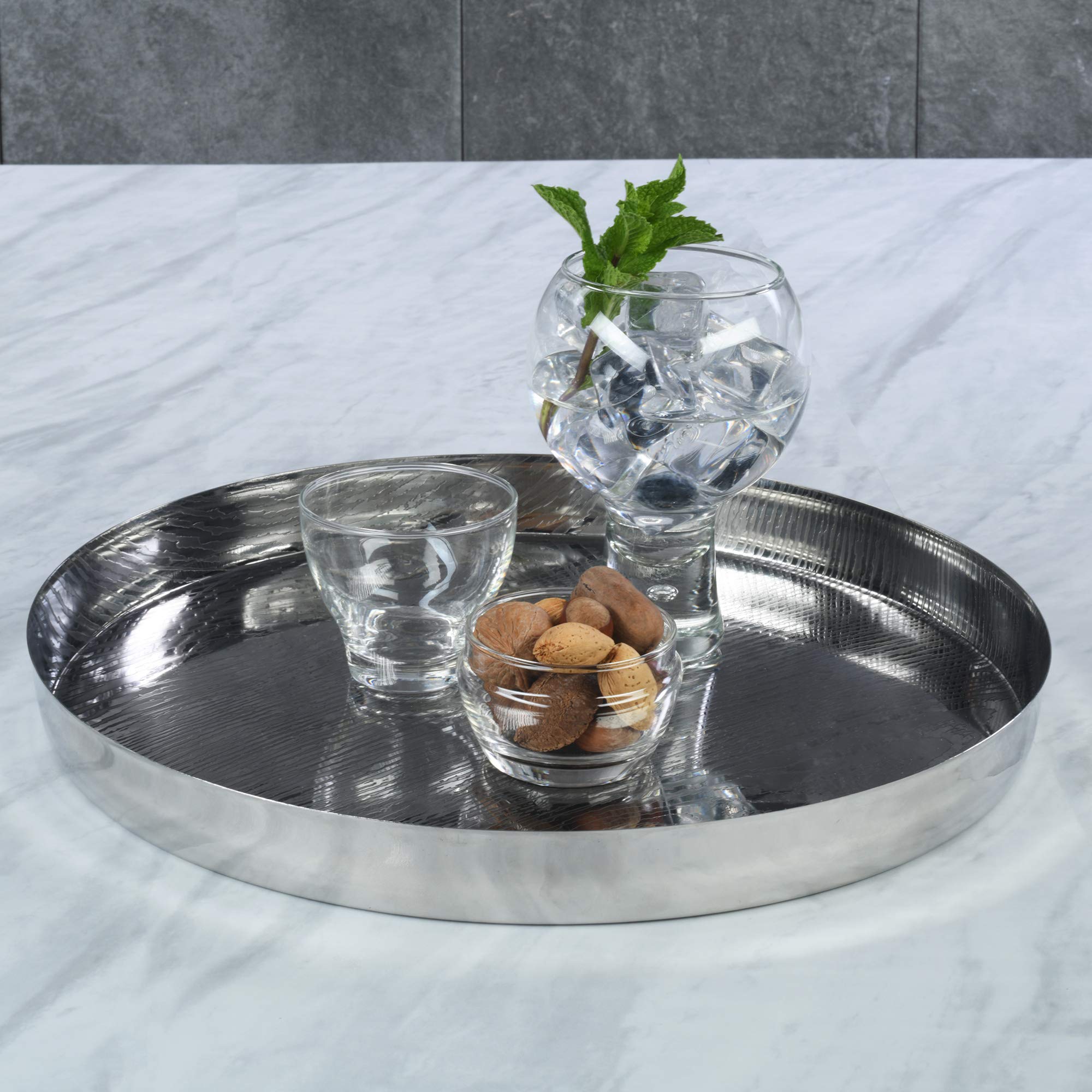 IMPULSE! Sequoia Round Stainless Steel Serving Tray - Elegant Food Serving Platter for Entertaining, Dining, and Home Decor (12-inch, Silver) - Perfect for Parties, Weddings, and Coffee Table Display