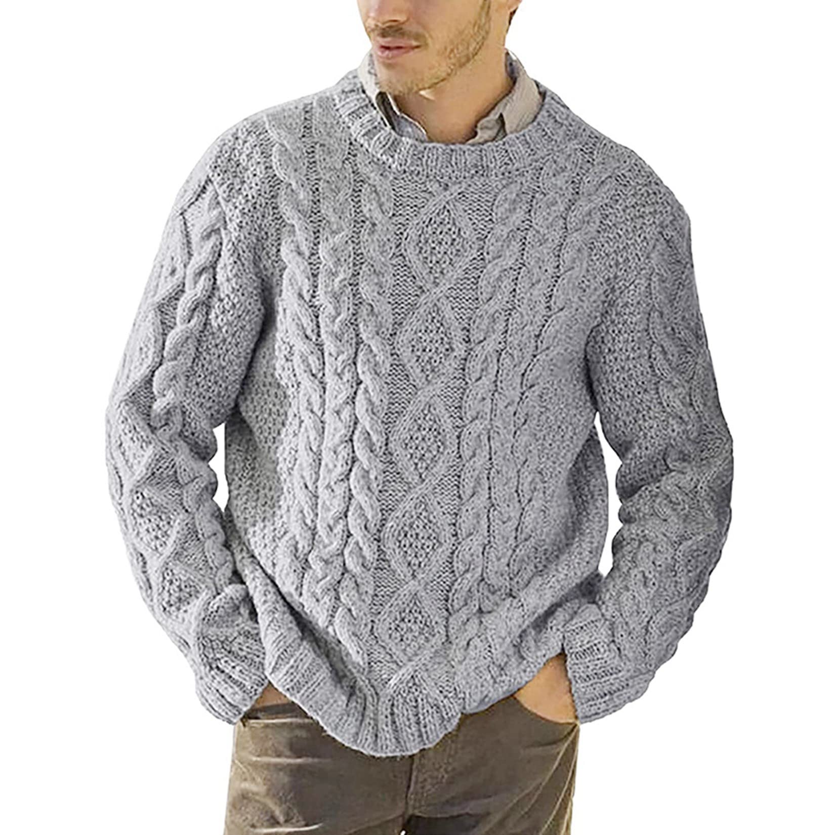 Men's Cable Knit Sweater - Chunky Crew Neck Pullover for Casual Wear