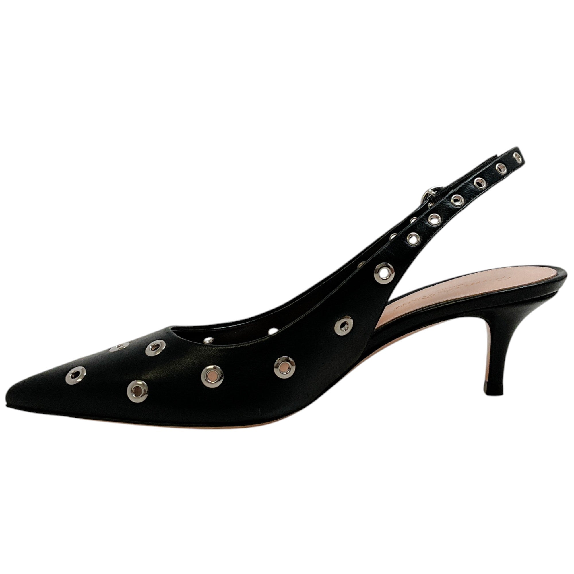 Gianvito Rossi Women's Black Leather Kitten Heel Pump Shoes with Grommet Details - Elegant Pointed Toe Dress Pumps for Work, Party & Evening Wear