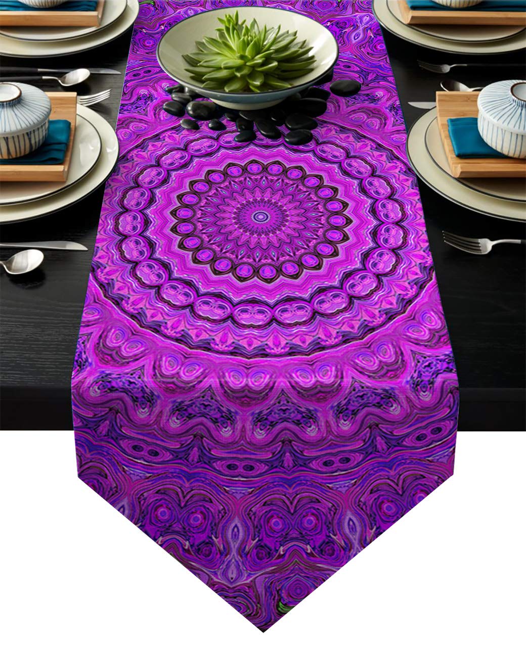 Abstract Geometric Purple Mandala Table Runner for Kitchen Wedding Decor