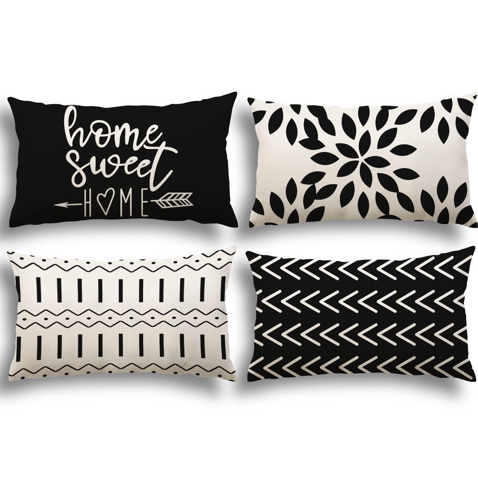 YCOLL 12x20 Lumbar Pillow Covers Set of 4 - Modern Sofa Throw Pillow Covers for Couch, Bed & Car - Decorative Outdoor Linen Fabric Pillow Cases (Black) - Perfect for Living Room, Patio & Travel Comfort
