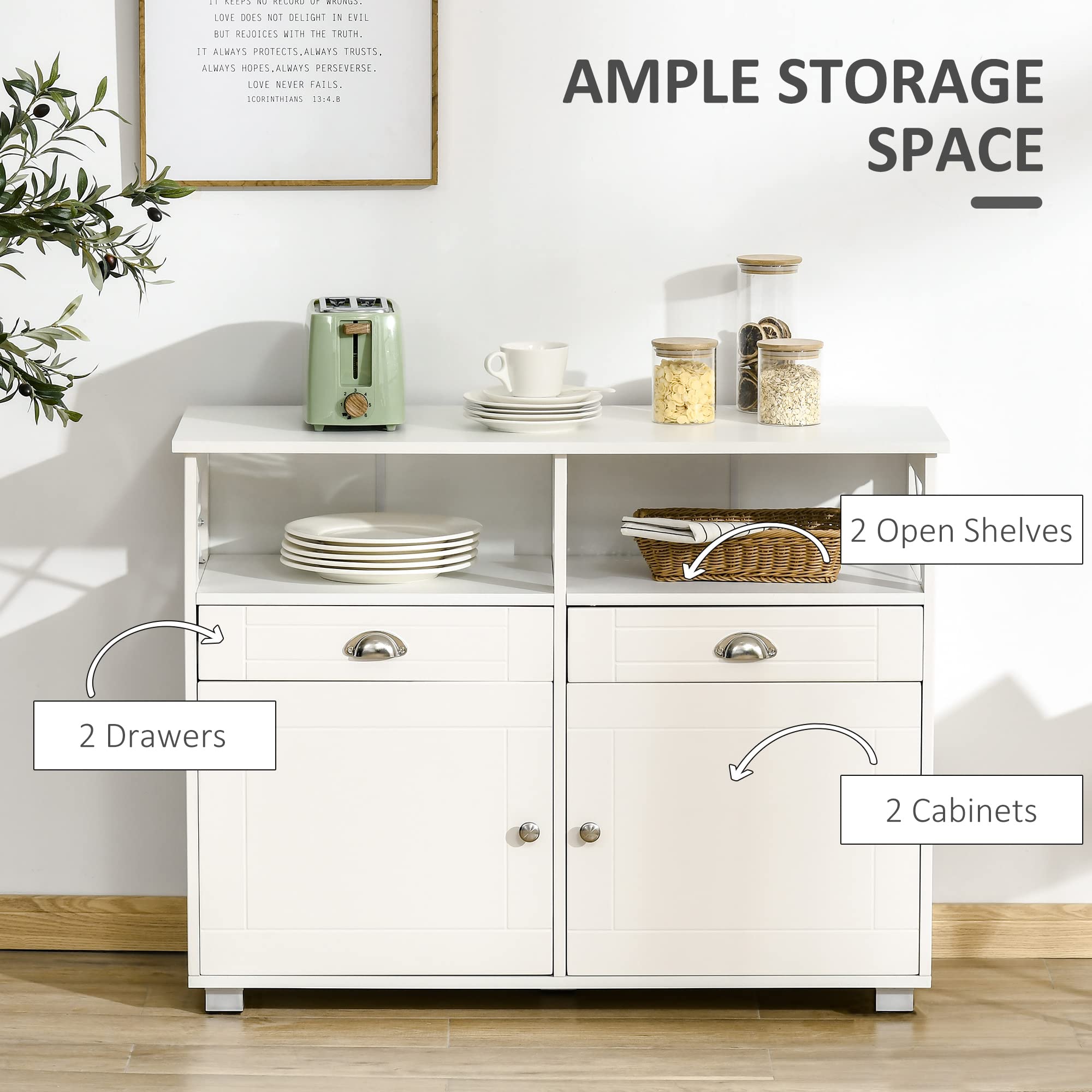 HOMCOM White Sideboard Buffet Cabinet with Storage Drawers - Kitchen Coffee Bar Organizer, Large Tabletop & Crossbar Design for Dining Room, Living Room, or Home Office Storage