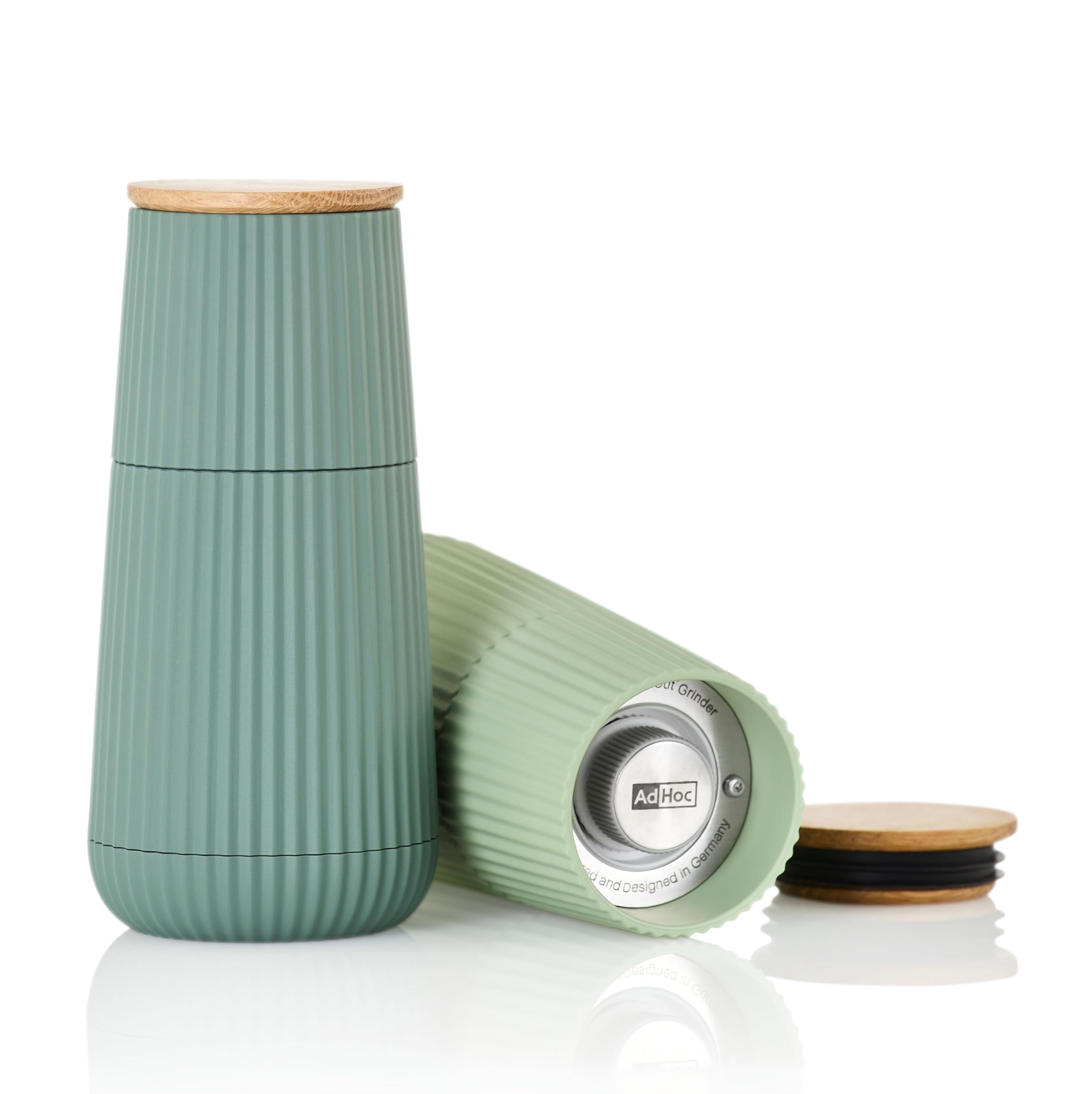 Premium Ceramic Salt and Pepper Grinder Set - Dark & Light Green, Oak Wood Base, 5.8cm Diameter, 12.3cm Height - Ideal for Kitchen, Dining Table & Gift Giving