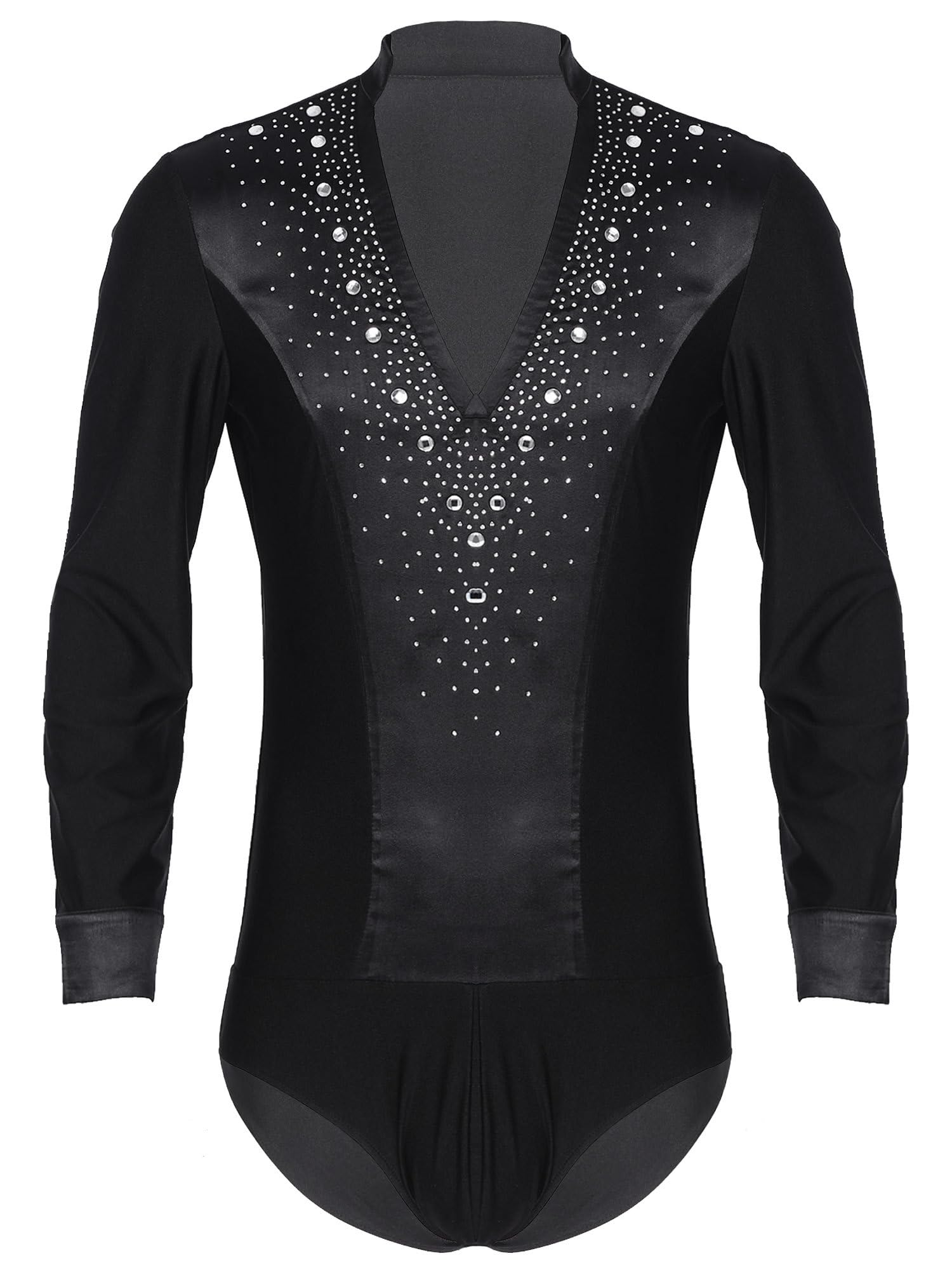 Sparkling Rhinestone Men's Figure Skating Dance Shirt - Long Sleeve Ballroom Samba Latin Dance Top Leotard for Performance & Competition