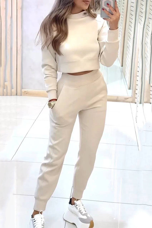 Solid Color Loose Long Sleeve Crop Top & Elastic Waist Pocket Casual Pants Set - Women's Comfortable Lounge Wear for Yoga, Home, and Everyday Outfits