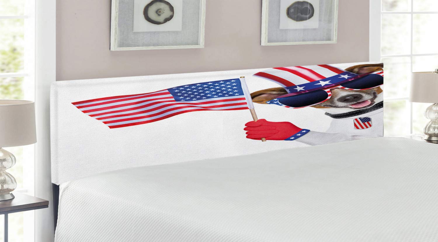 Ambesonne Patriotic American Dog Headboard - King Size Upholstered Metal Bed Frame with Memory Foam, 4th of July Decor Featuring Flag Hat & Old Glory Dog Tag | Perfect for Independence Day Bedroom Decor & Dog Lover Gifts