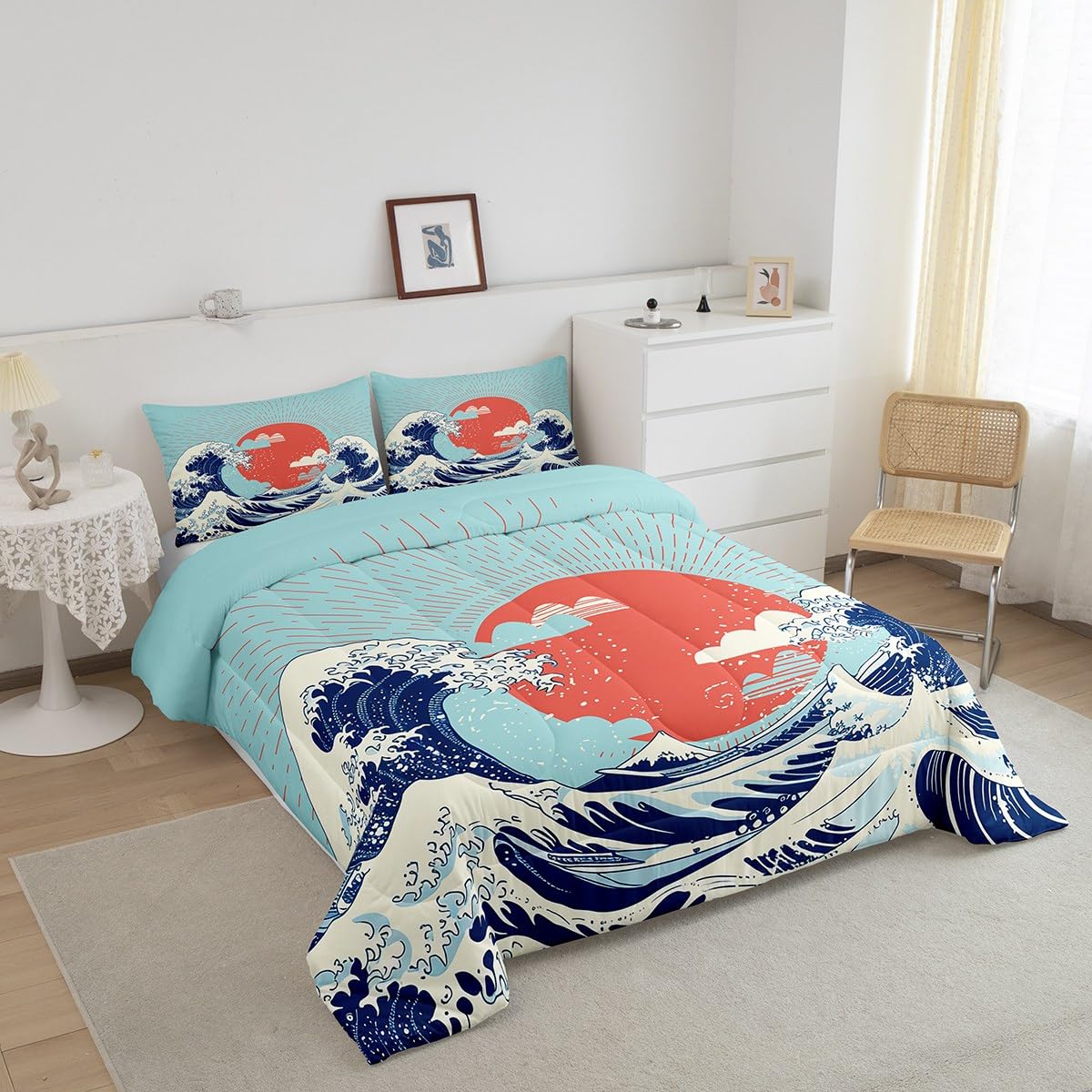 Erosebridal Japanese Style Sea Wave Comforter Set Twin Size - Mount Fuji Ocean Theme Duvet Cover, Super Soft Breathable Bedding in Red, Yellow & Blue | Perfect for Coastal Themed Bedrooms, Guest Rooms & Vacation Homes