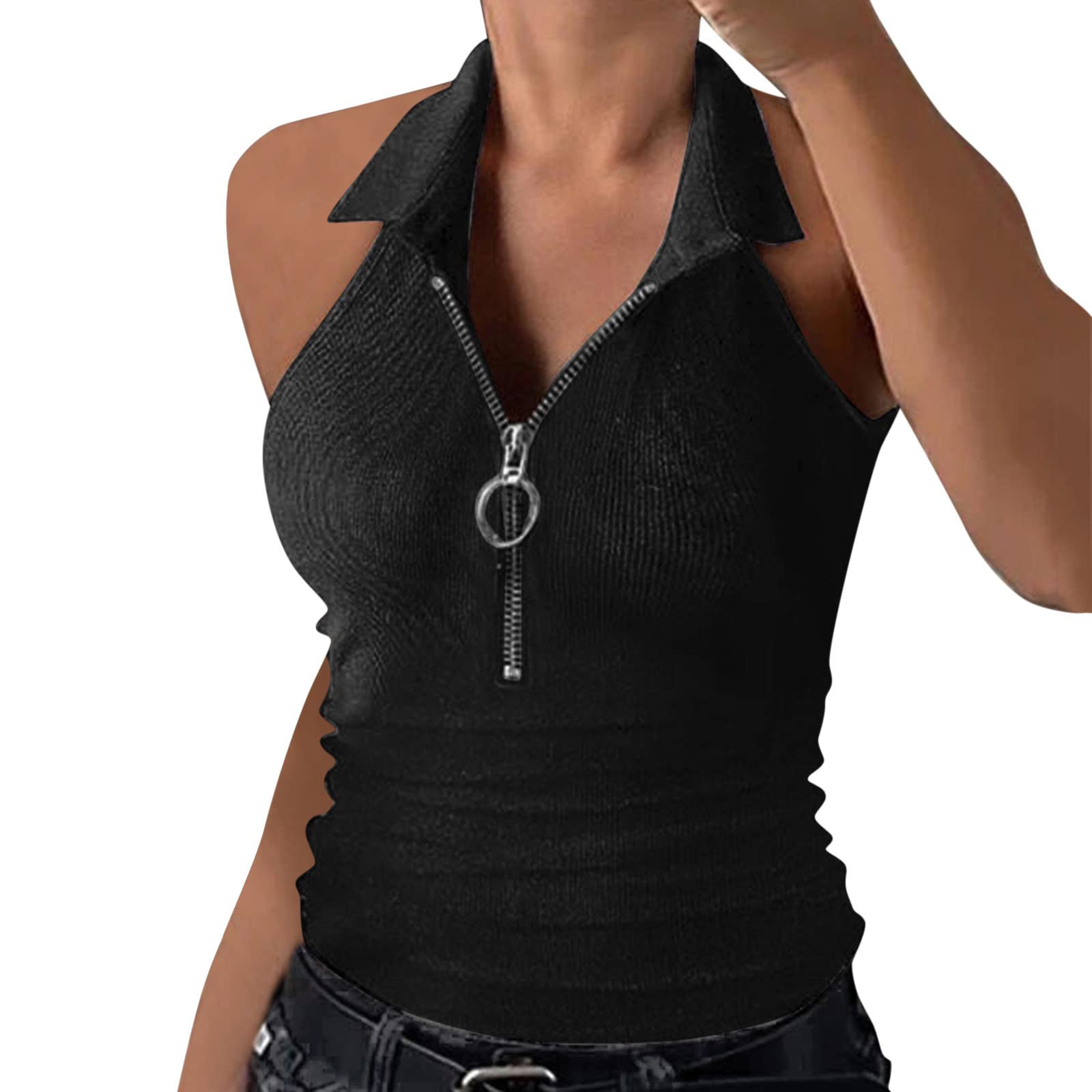 Beige Women's Vest T-Shirt - Sleeveless Zipper Front Solid Stripe Lapel Tank Top for Casual Wear & Layering | Perfect for Summer Outfits, Office Style & Everyday Fashion