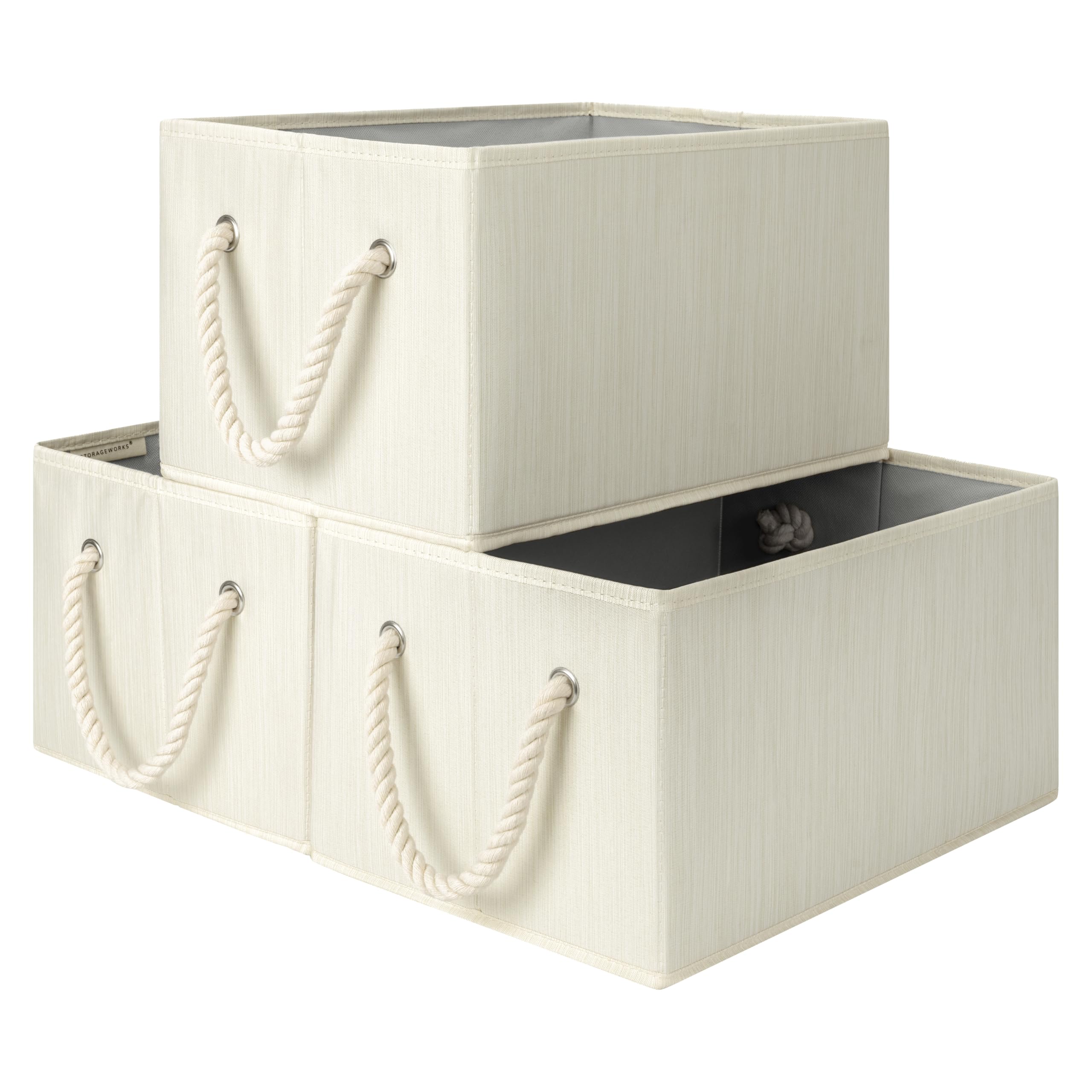 Foldable Fabric Storage Baskets with Handles - 3-Pack Medium Closet Organizer Bins for Shelves (Beige, White & Ivory) | Perfect for Bedroom, Closet & Kids Room Organization