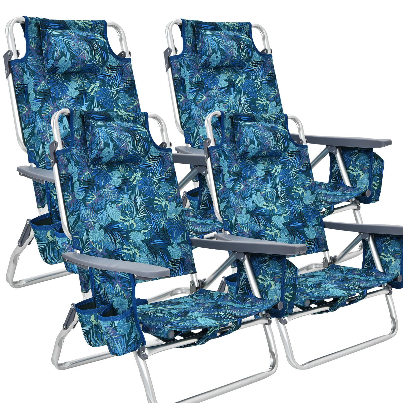 Goplus Folding Backpack Beach Chair for Adults - 5-Position Adjustable with Head Pillow, Cooler Bag, Towel Bar & Cup Holders - Portable Sunbathing Lounge Chair for Beach, Poolside, Camping & Outdoor Relaxation