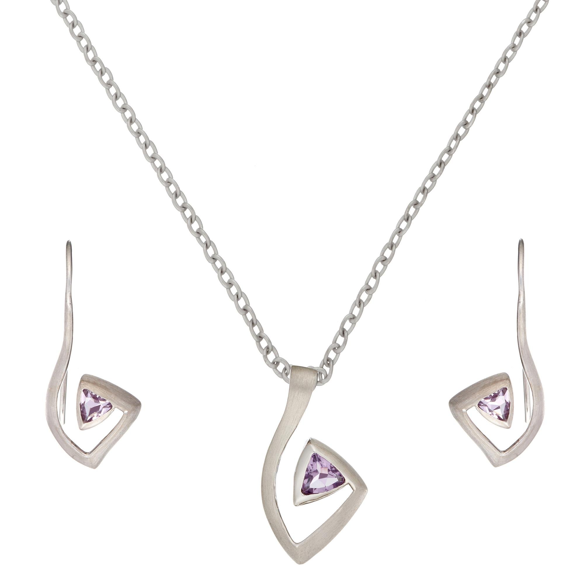 925 Sterling Silver Amethyst Triangle Musical Note Earrings & Necklace Set - 18
