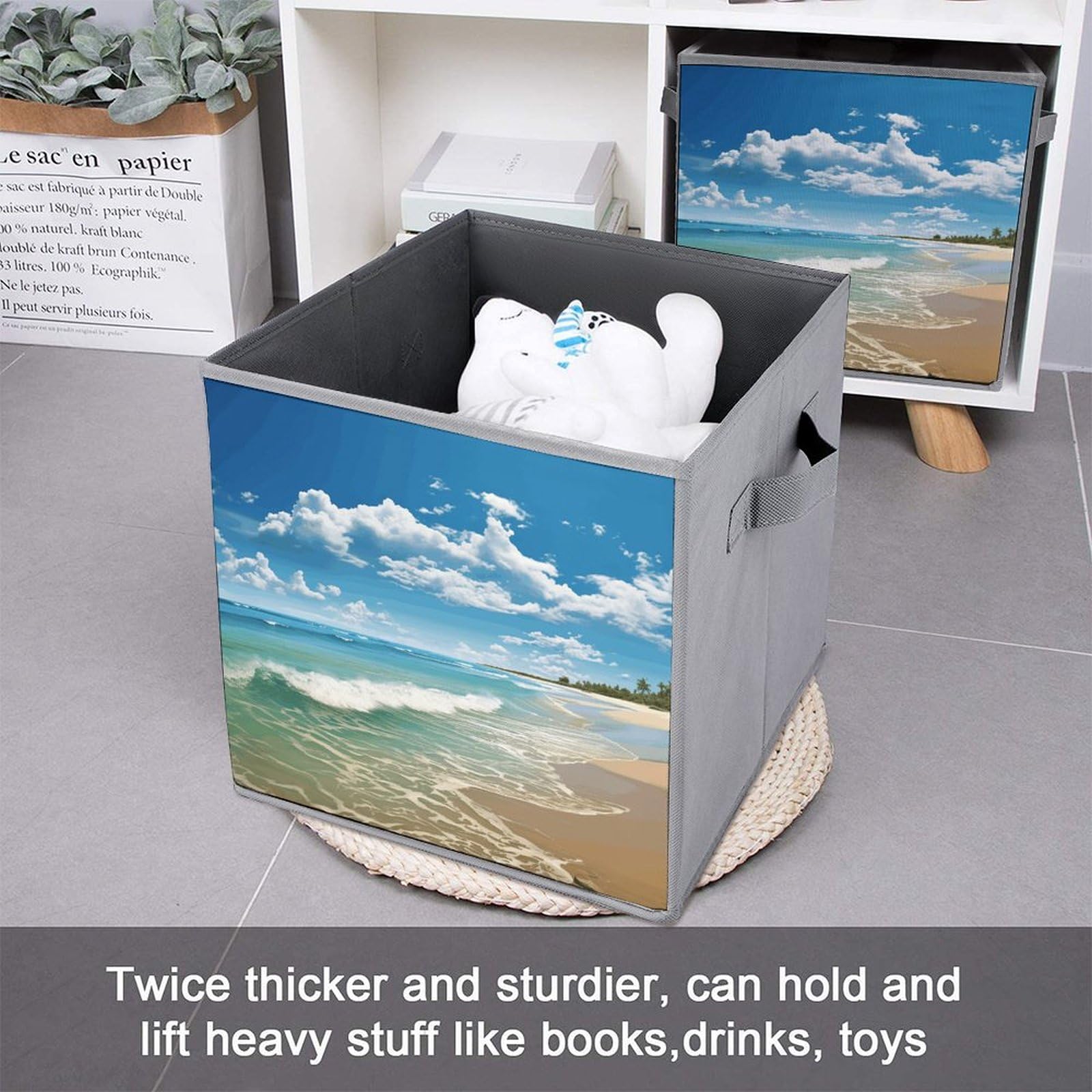 2PCS Foldable Storage Bins - Sandy Beach Printed Large Capacity Storage Boxes with Handles for Playroom, Office & Home Organization | Perfect for Toys, Books, Clothes & Household Items Storage