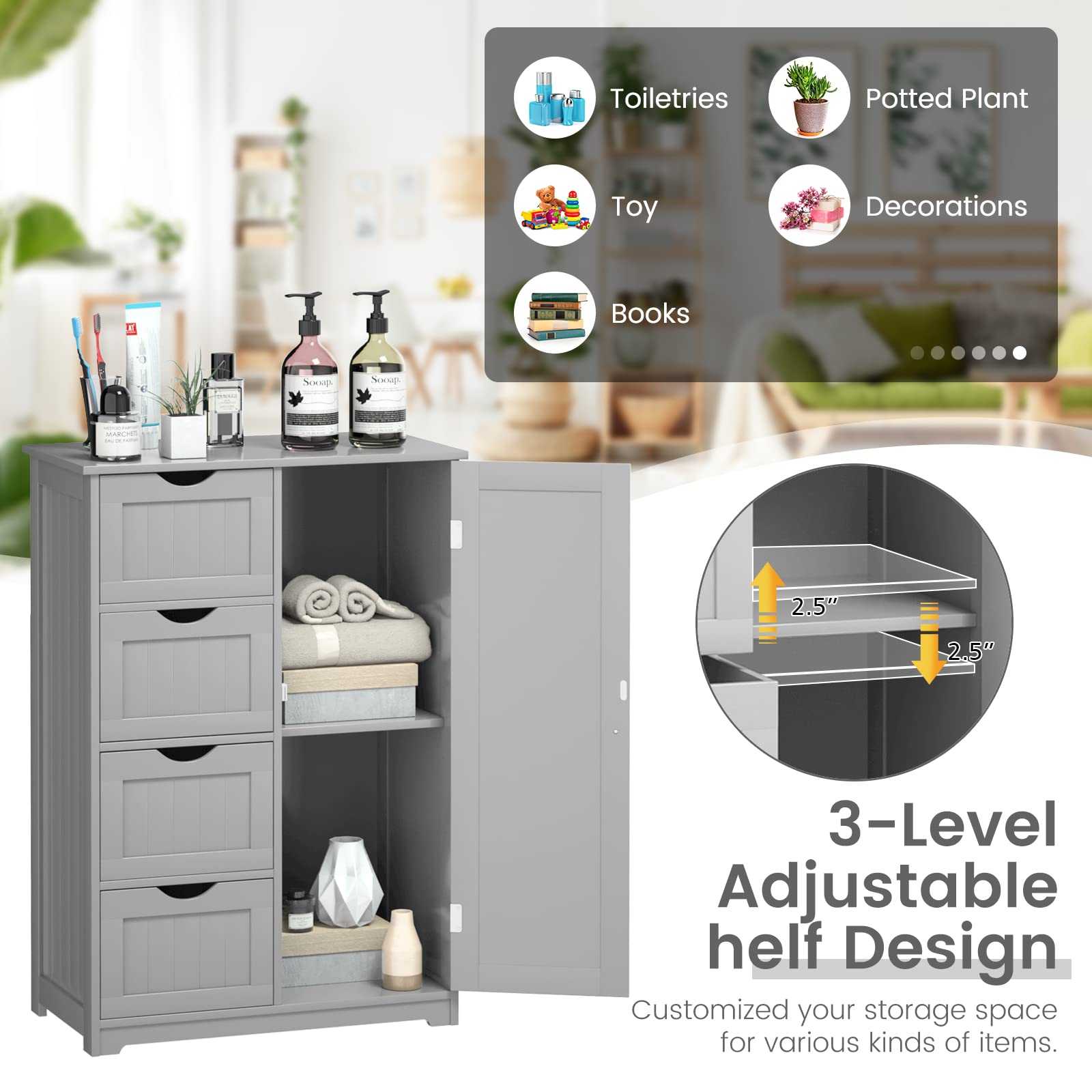 COSTWAY Wooden Bathroom Storage Cabinet - Freestanding 4-Drawer Organizer with Adjustable Shelf, Modern Floor Cabinet for Bathroom, Living Room, Kitchen & Entryway (Grey) | Perfect for Small Space Organization & Home Decor