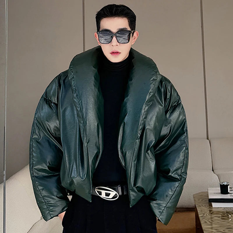 Men's American Style PU Leather Down Jacket - Solid Color Winter Parka Coat with Niche Design | Trendy & Warm for Outdoor Activities, Travel & Daily Wear | 9C4005