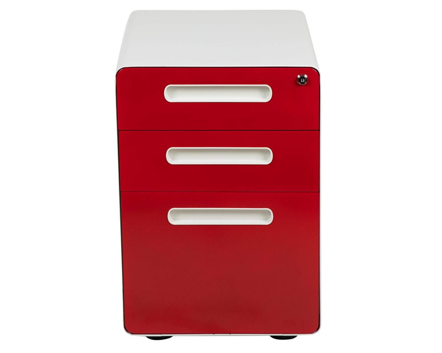 Flash Furniture Wren Ergonomic 3-Drawer Mobile Locking File Cabinet with Anti-Tilt Mechanism - Letter/Legal Size Drawers - White with Red Faceplate - Perfect for Home Office, Small Business & Professional Workspaces