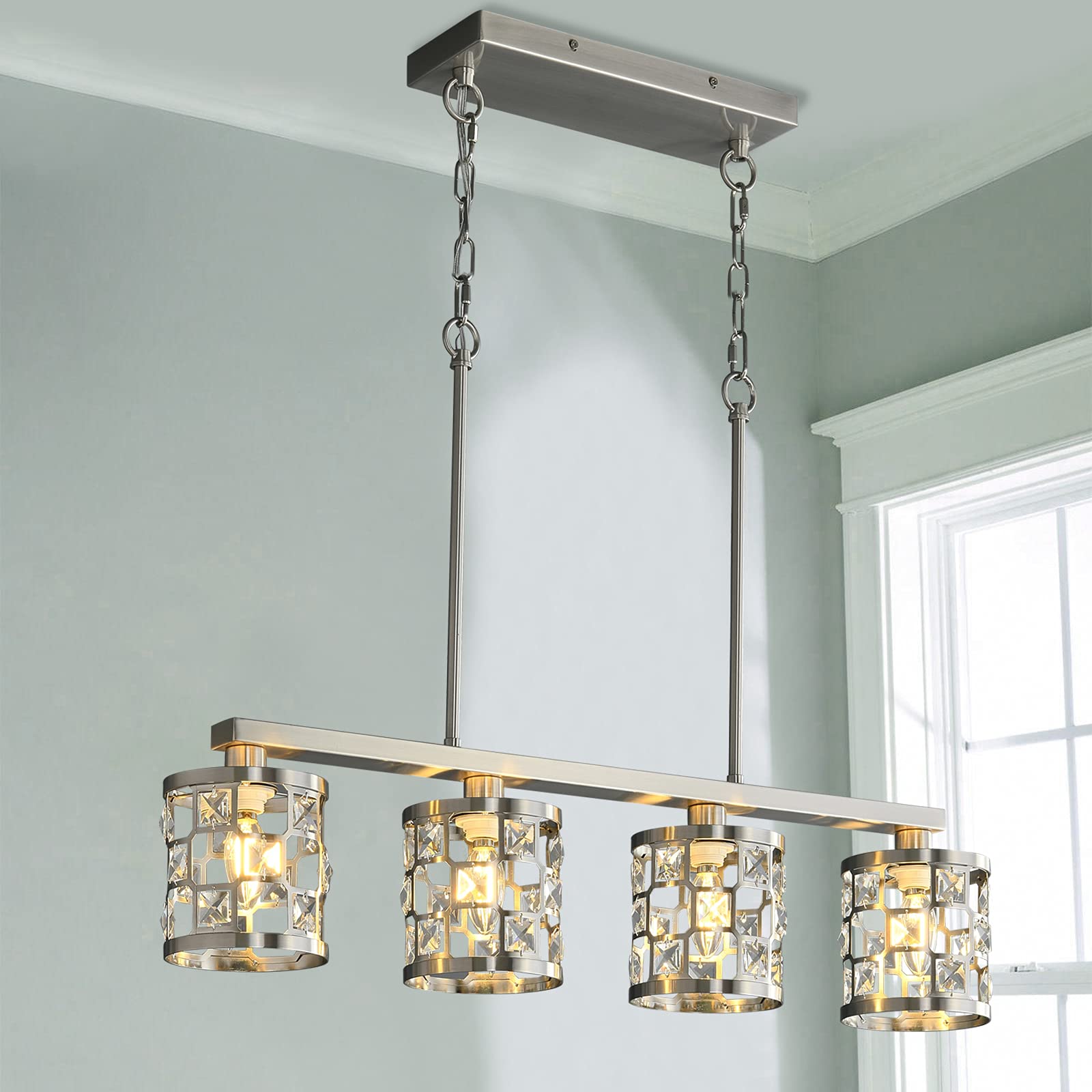 Modern 4-Light Linear Chandelier with Brushed Nickel Finish - Elegant Dining Room Lighting Fixture for Kitchen Island, Breakfast Nook & Contemporary Home Decor