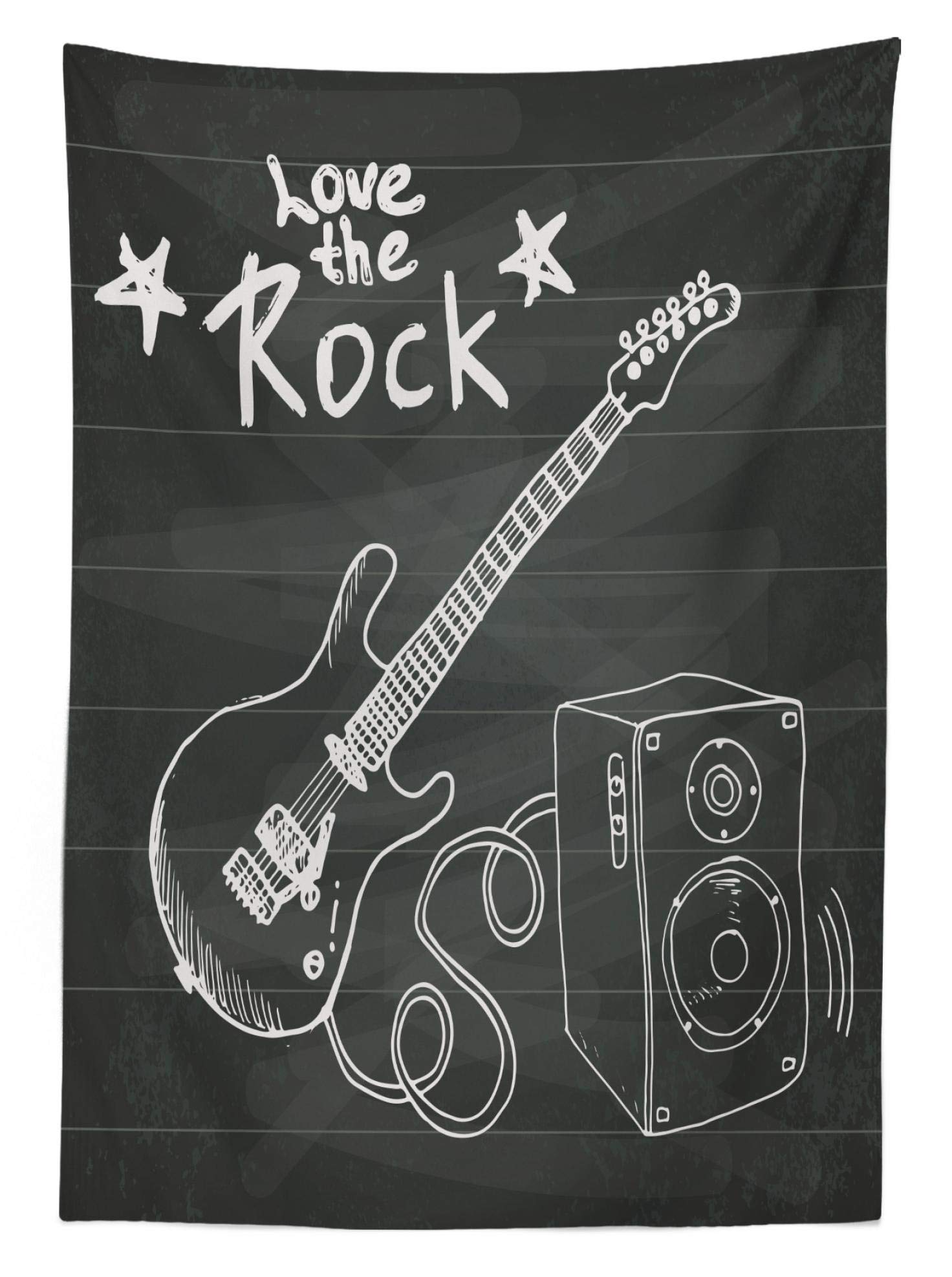 Ambesonne Guitar Themed Outdoor Tablecloth - Rock Music Sketch Art & Chalkboard Design - Washable Picnic Table Cover 58x120 Inches - Charcoal Grey & White - Perfect for BBQs, Garden Parties & Music-Themed Events