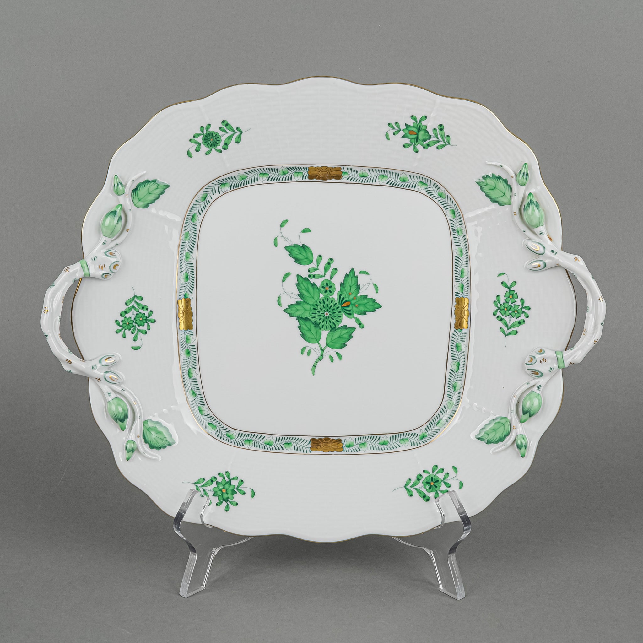 HEREND Chinese Bouquet Green Porcelain Cake Plate with Branch Handles - 430 - Elegant Dessert Serving for Afternoon Tea & Special Occasions