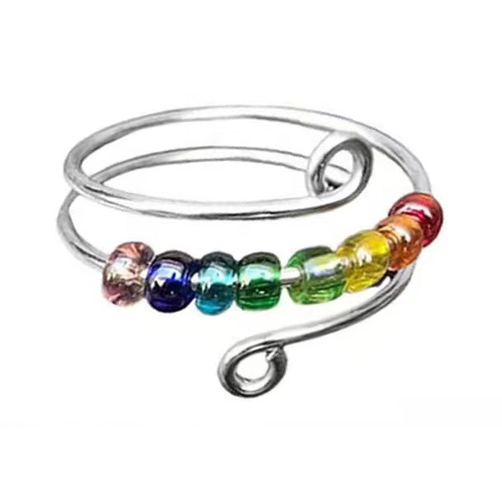 S925 Silver Anxiety Relief Fidget Spinner Ring with Rainbow Beads - Adjustable Open Ring for Women & Girls, Stress Relief Jewelry Gift for Daughter, Birthday, ADHD, Autism & Anxiety Management - Perfect for Office, School & Daily Wear