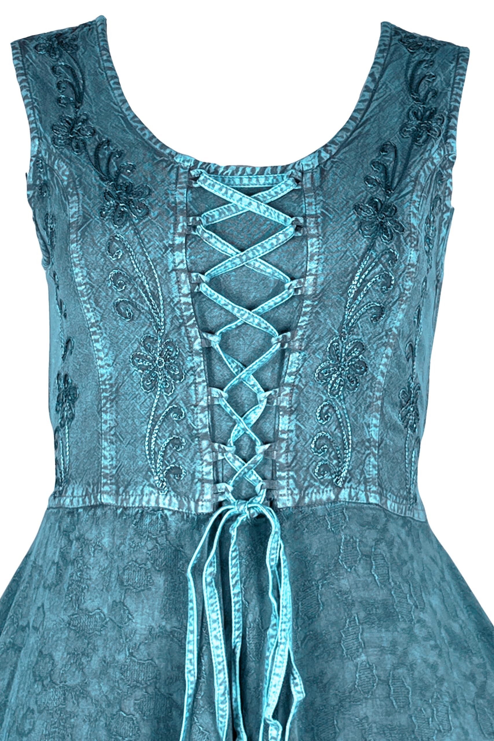 Agan Traders Women's Gothic Corset Smocked Maxi Dress - Sleeveless Embroidered Summer Dress for Women, Calf-Length Twirl Dress for Spring & Summer, Perfect for Parties, Weddings, and Date Nights