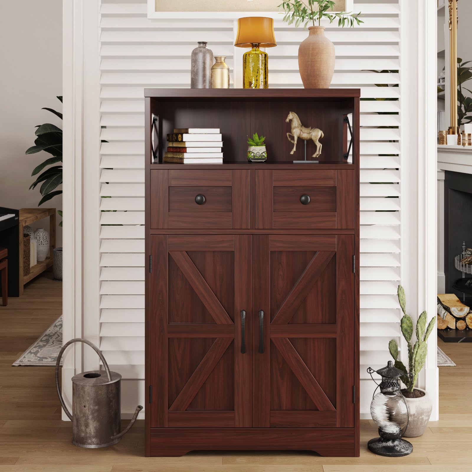 Dark Brown Storage Cabinet with Drawers and Shelves - Standing Kitchen Pantry Organizer, Floor Storage Hutch Cupboard for Coffee Bar Station | Perfect for Dining Room, Living Room & Home Office Organization