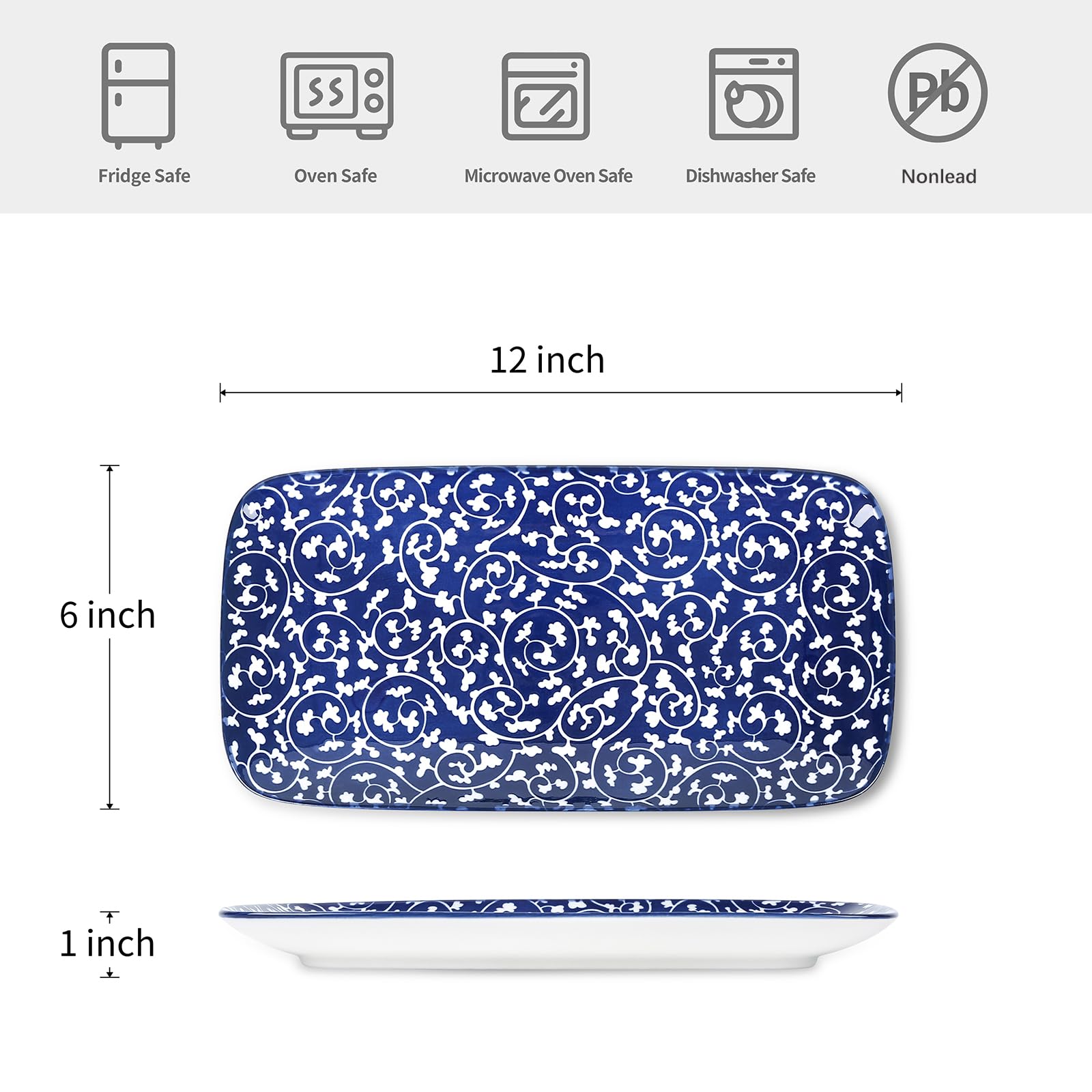 Selamica 12 Inch Ceramic Serving Platters - Set of 6 Large Rectangular Party Trays for Food Display, Appetizers & Entertaining - Vintage Blue Dinnerware for Weddings, Buffets & Holiday Gatherings