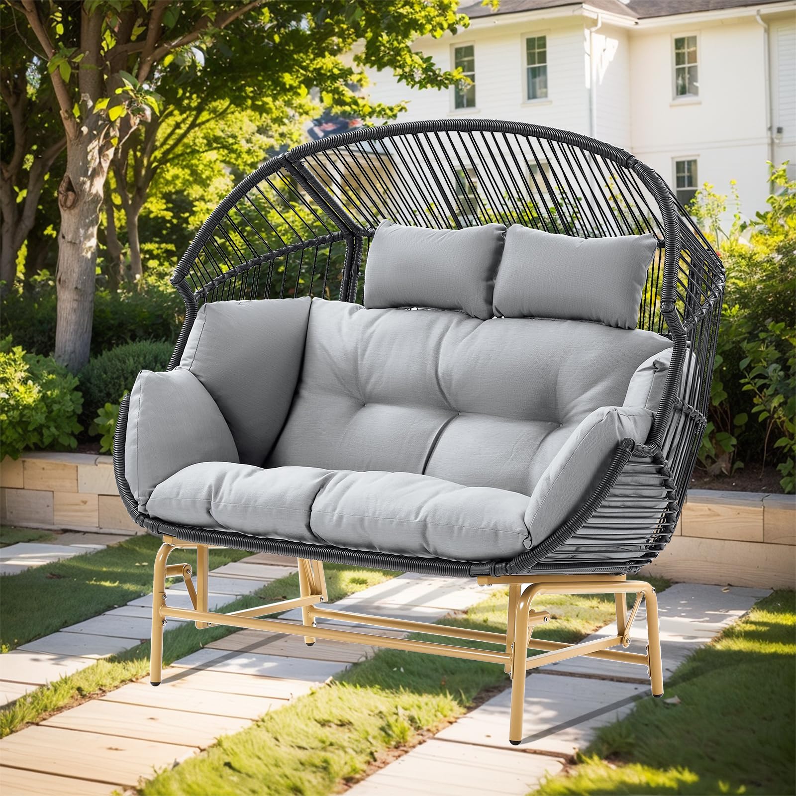 2-Person Outdoor Egg Chair - Wicker Rattan Rocking Glider Patio Lounge Chair with Cushion & Pillow for Porch, Deck, Backyard, Garden (Grey) - Perfect for Relaxing, Sunbathing & Outdoor Entertaining