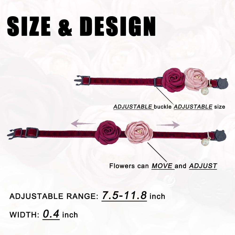 Fupo Adjustable Breakaway Cat Collar with Red & Pink Flower - Safe Pet Necklace for Small Cats & Dogs (7.5