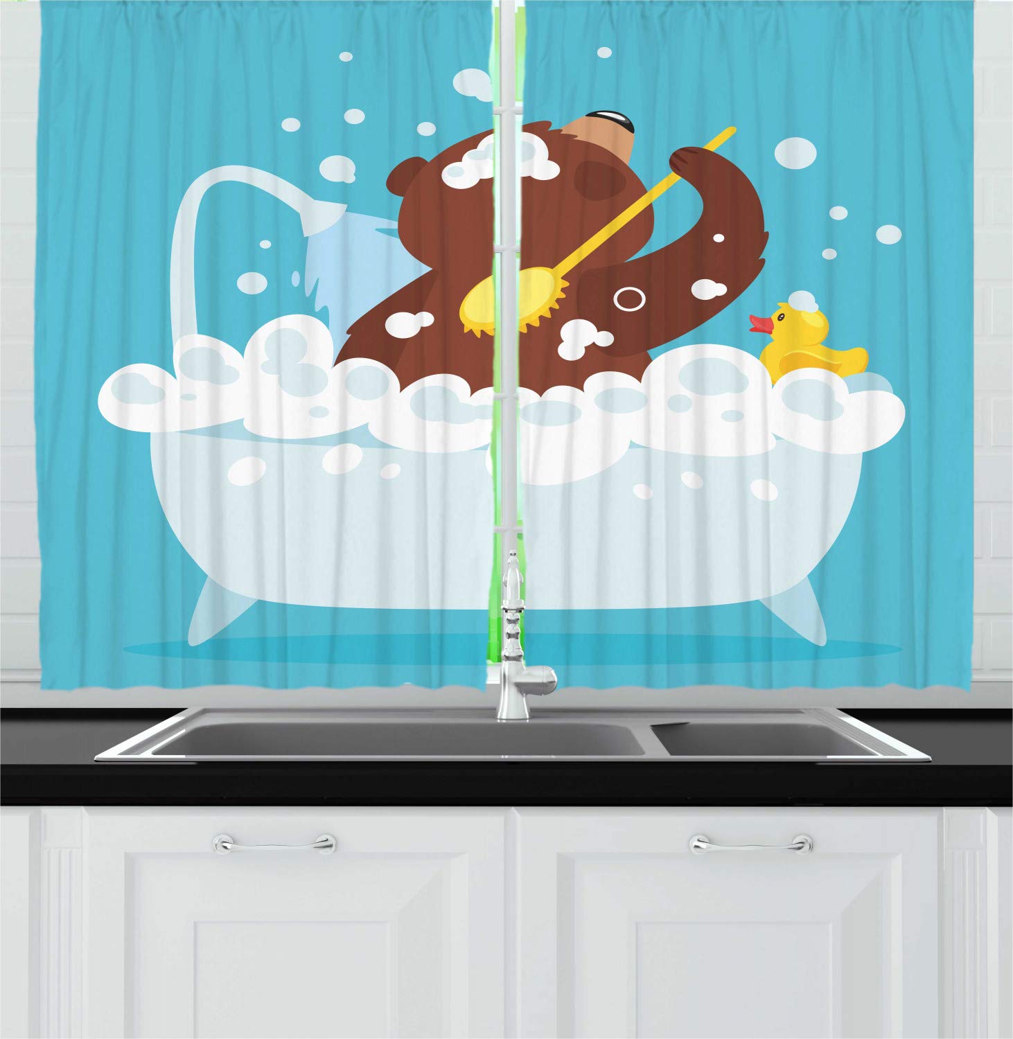 Funny Bear Kitchen Curtains Set of 2 Panels - Cartoon Grizzly Bear Taking a Shower in Bubbles Print, 55