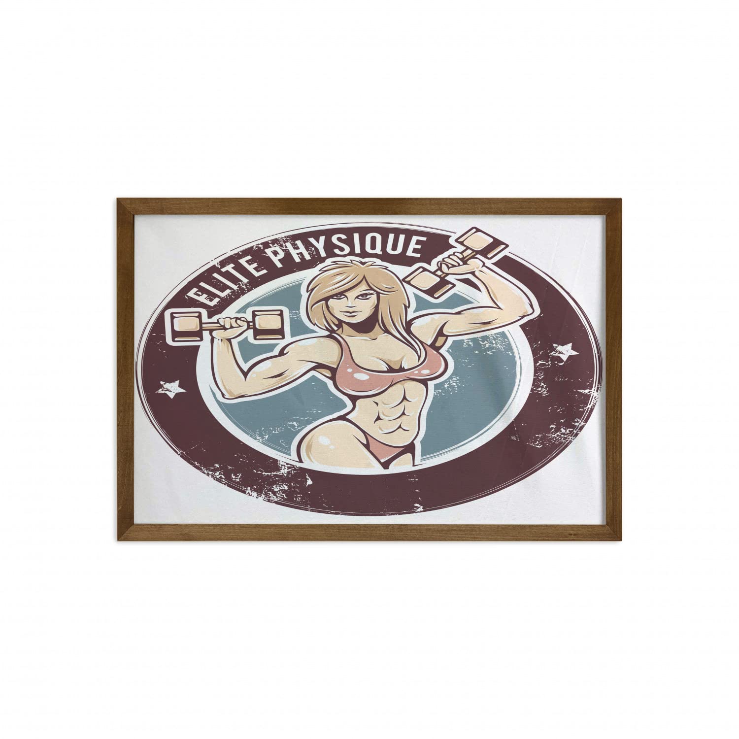 Ambesonne Fitness Wall Art - Retro Gym Woman Round Design Framed Fabric Decor with Teak Wood Frame, 35