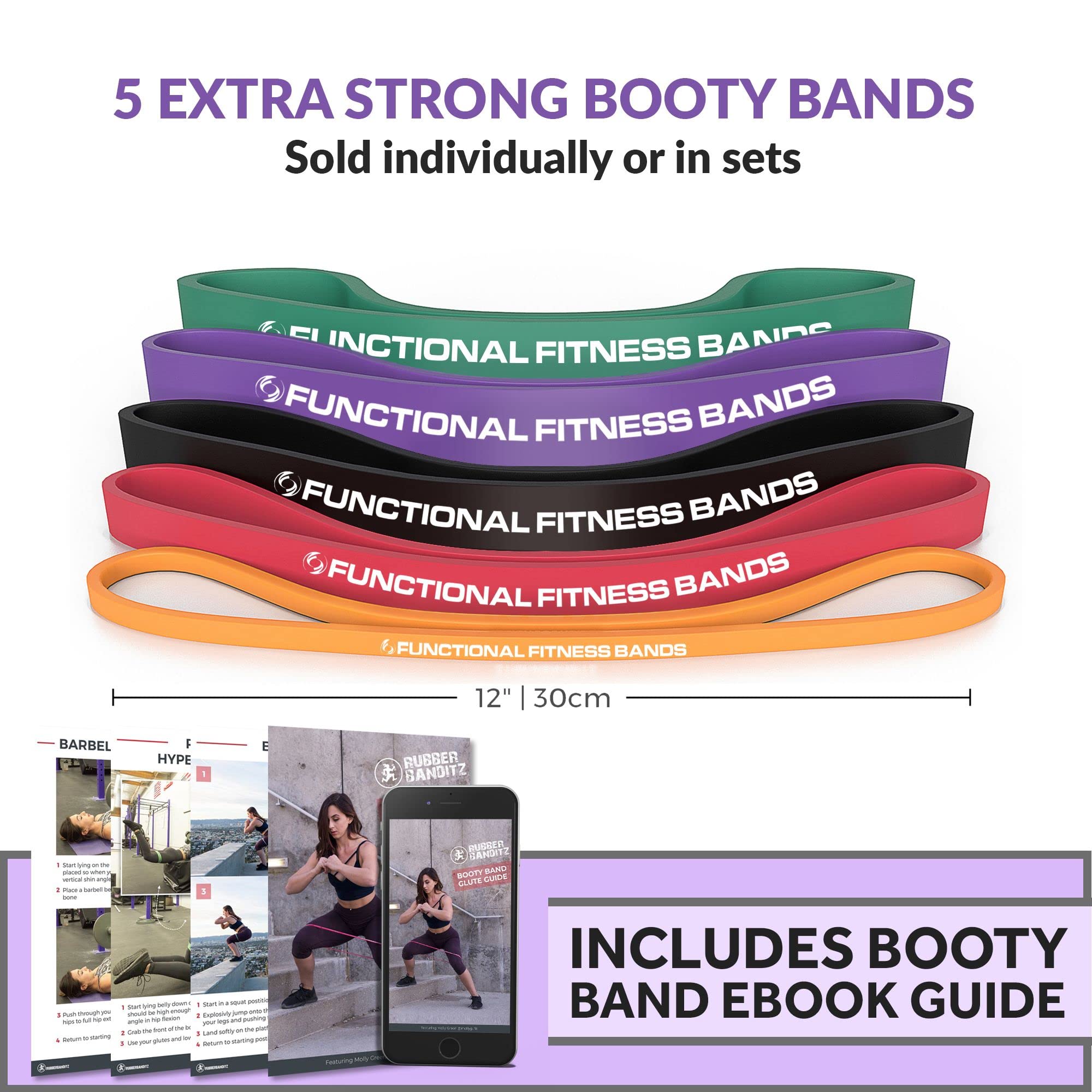 Rubberbanditz Extra Thick Booty Bands - Heavy Duty Resistance Bands for Glutes, Legs & Hip Workouts - Includes Women's eGuide - 5 Mini Loop Exercise Bands (5-100 lbs) for HIPS, Thighs, Butt & Abs - Perfect for Home Gym, Yoga & Pilates