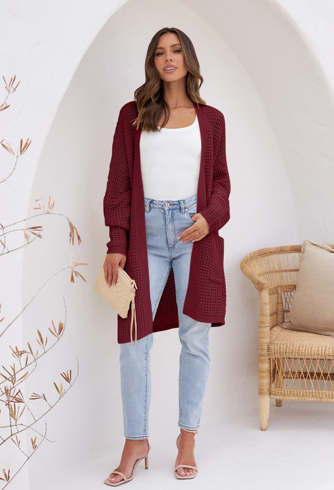 MEROKEETY Women's Oversized Long Batwing Sleeve Cardigan Waffle Knit Sweater Coat - Cozy Fall Winter Layering Piece for Casual Outfits & Lounge Wear