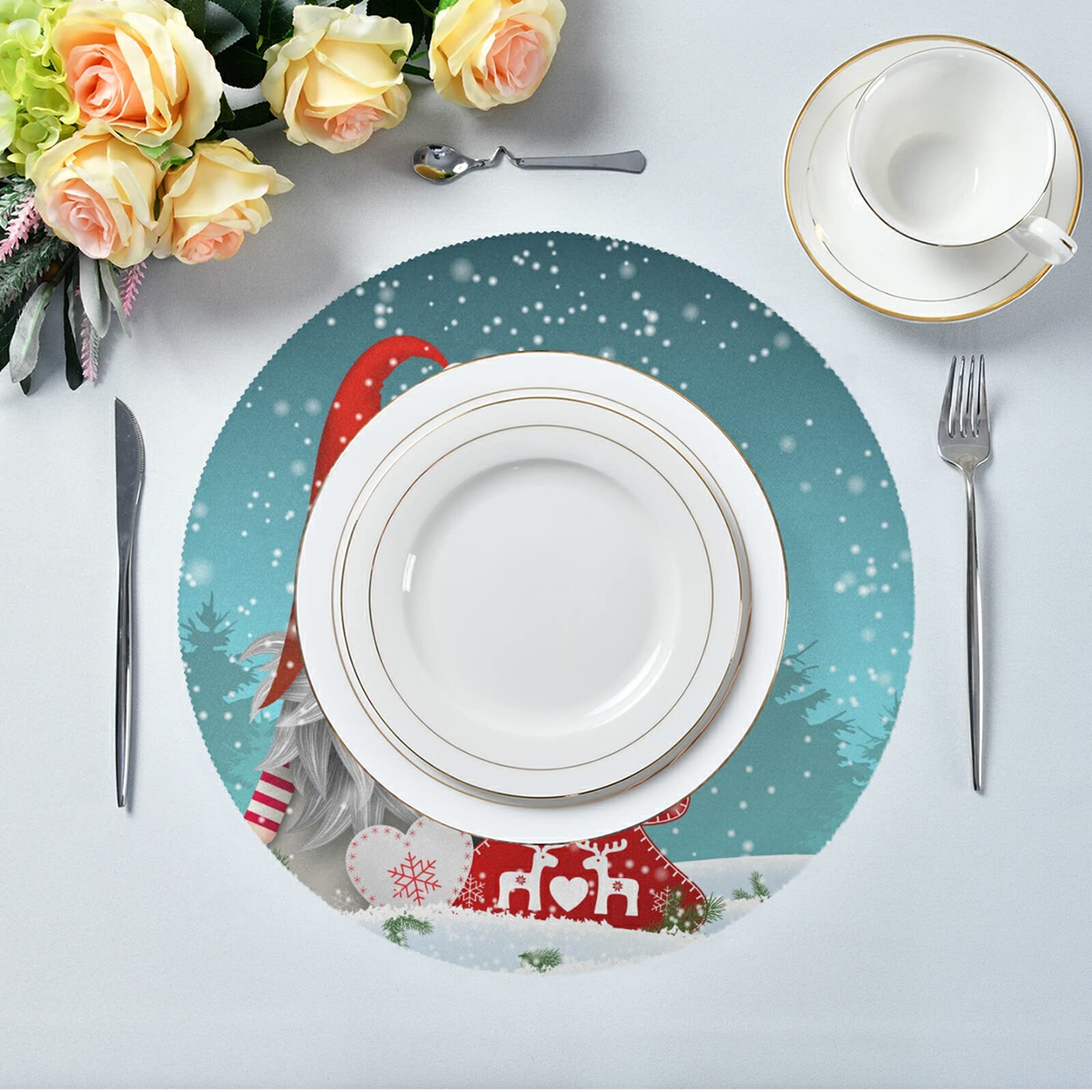 Christmas Gnome Snowy Round Placemats Set of 6 - Heat Insulated Non-Slip Washable Table Mats for Holiday Dining - Perfect for Christmas Dinner, Winter Parties & Festive Home Decor