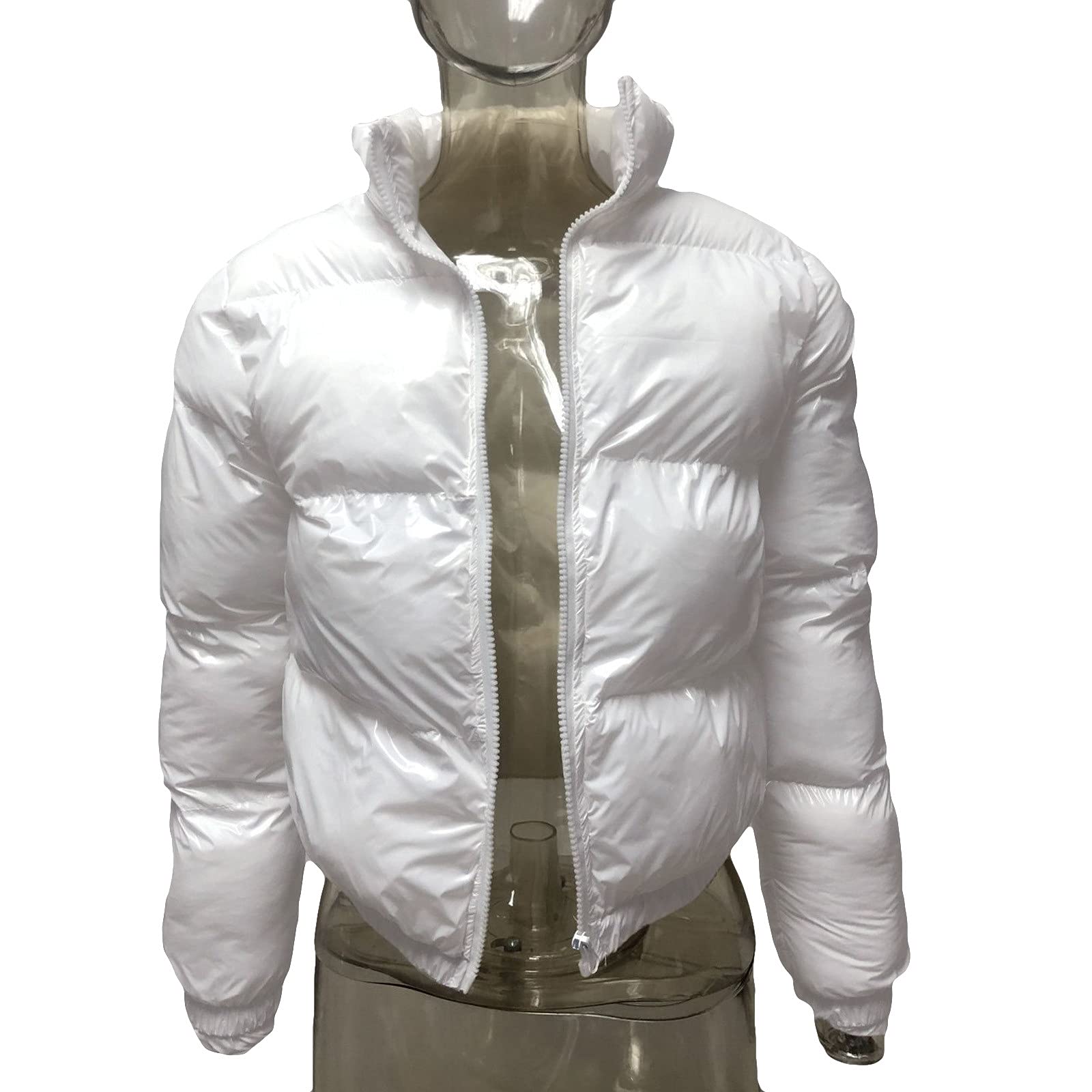 Women's Winter Cropped Puffer Jacket with Sequins - Y2K Puffy Bubble Coat - Lightweight Down Parka - White XXL Outerwear for Casual Wear & Street Fashion