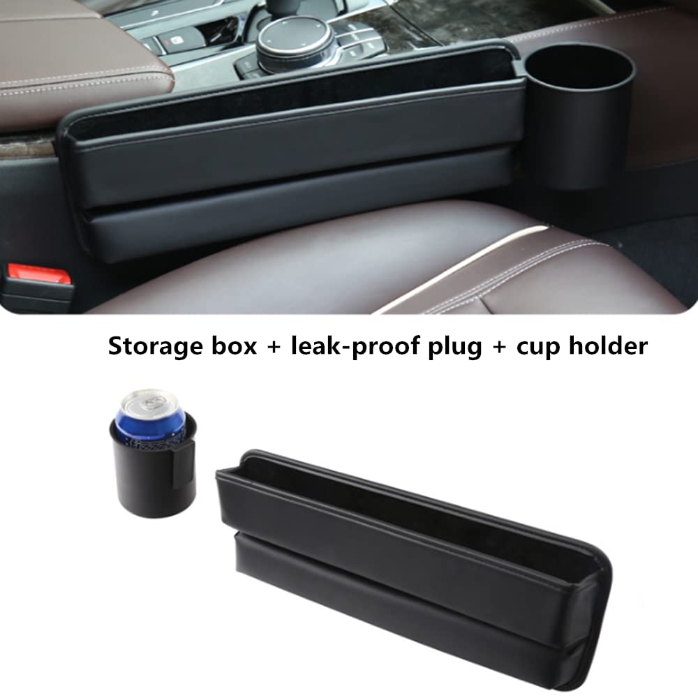 Tumecos 2-Pack Black Leather Car Seat Gap Organizer - Storage Box & Gap Filler with Cup Holder for Phone, Wallet, Keys, Coins - Perfect for Sedans, SUVs & Trucks - Auto Center Console Organizer for Road Trips & Daily Commute