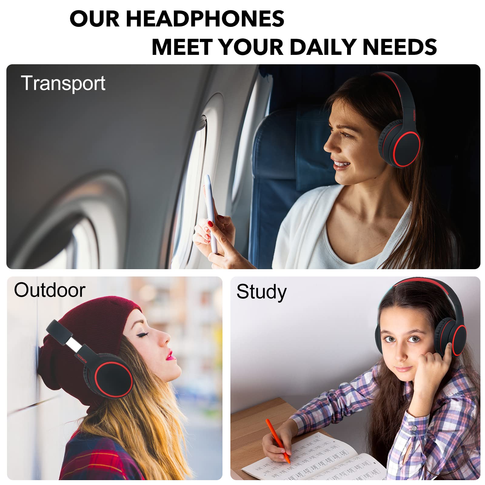 RORSOU B10 Wireless Bluetooth Over-Ear Headphones with Microphone - Lightweight Foldable Design, 50H Playtime, Deep Bass, Bluetooth 5.3 - Perfect for Travel, Work, Gaming & Music (Black)