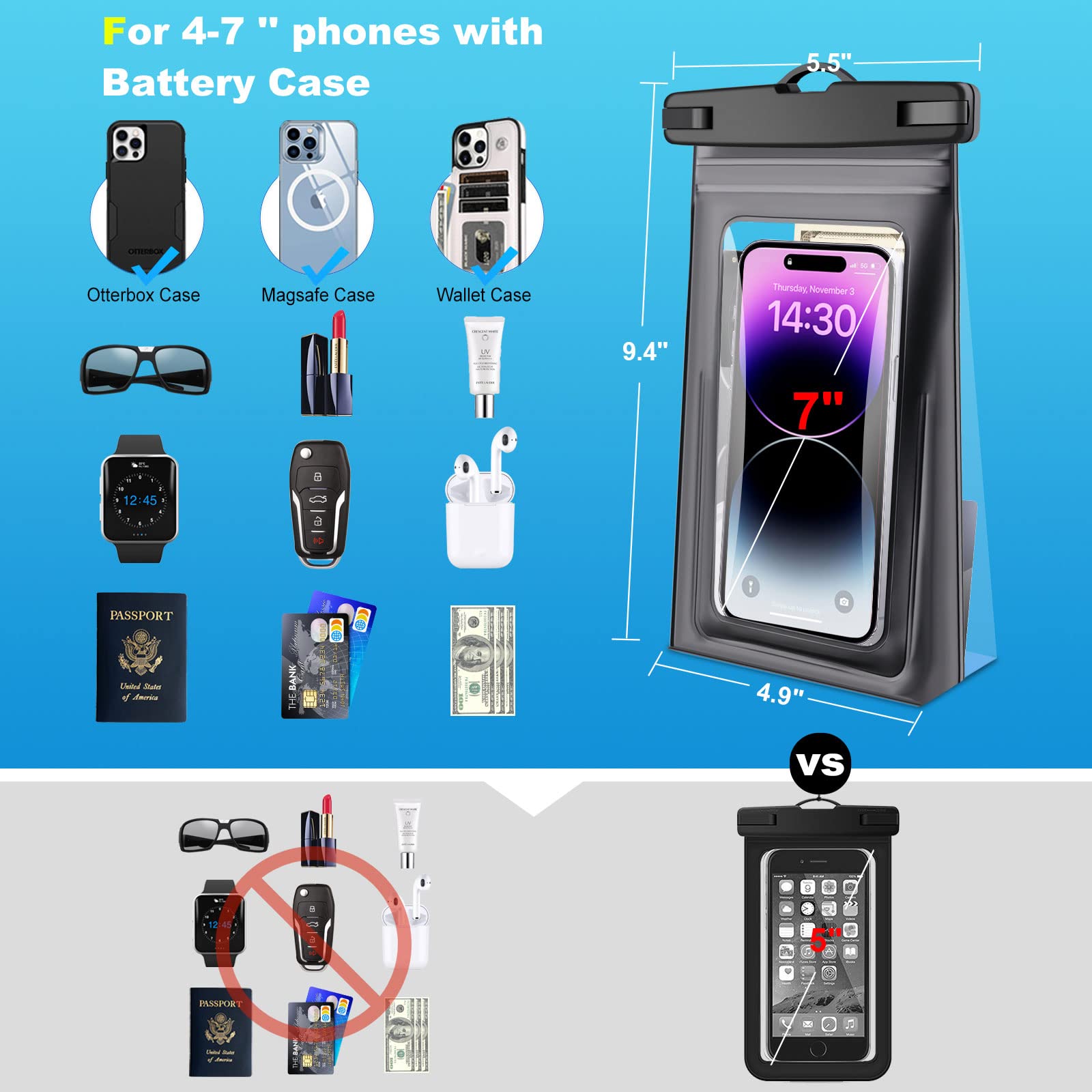 Waterproof Phone Pouch for iPhone 16 15 14 13 12 11 Pro Max & Samsung - IPX8 Dry Bag with Sealing Strip (2 Pack, 9 Inch) - Perfect for Beach, Swimming, Cruise & Water Sports