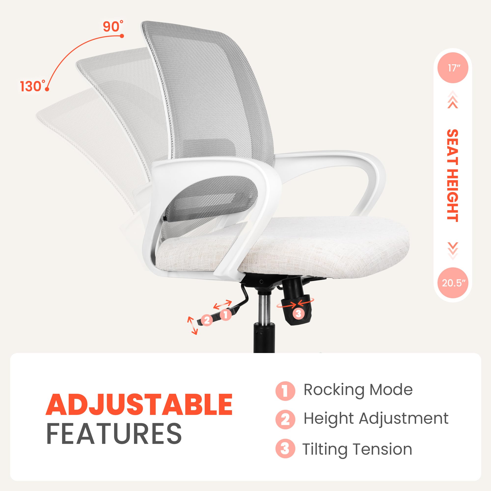 Ergonomic Mesh Office Chair with Adjustable Height & Lumbar Support - Modern Swivel Computer Desk Chair with Rolling Wheels for Home Office, Study, Bedroom & Vanity Areas - Comfortable Mid Back Executive Chair (Ivory) - Perfect for Long Work Hours, Gaming & Home Workspaces
