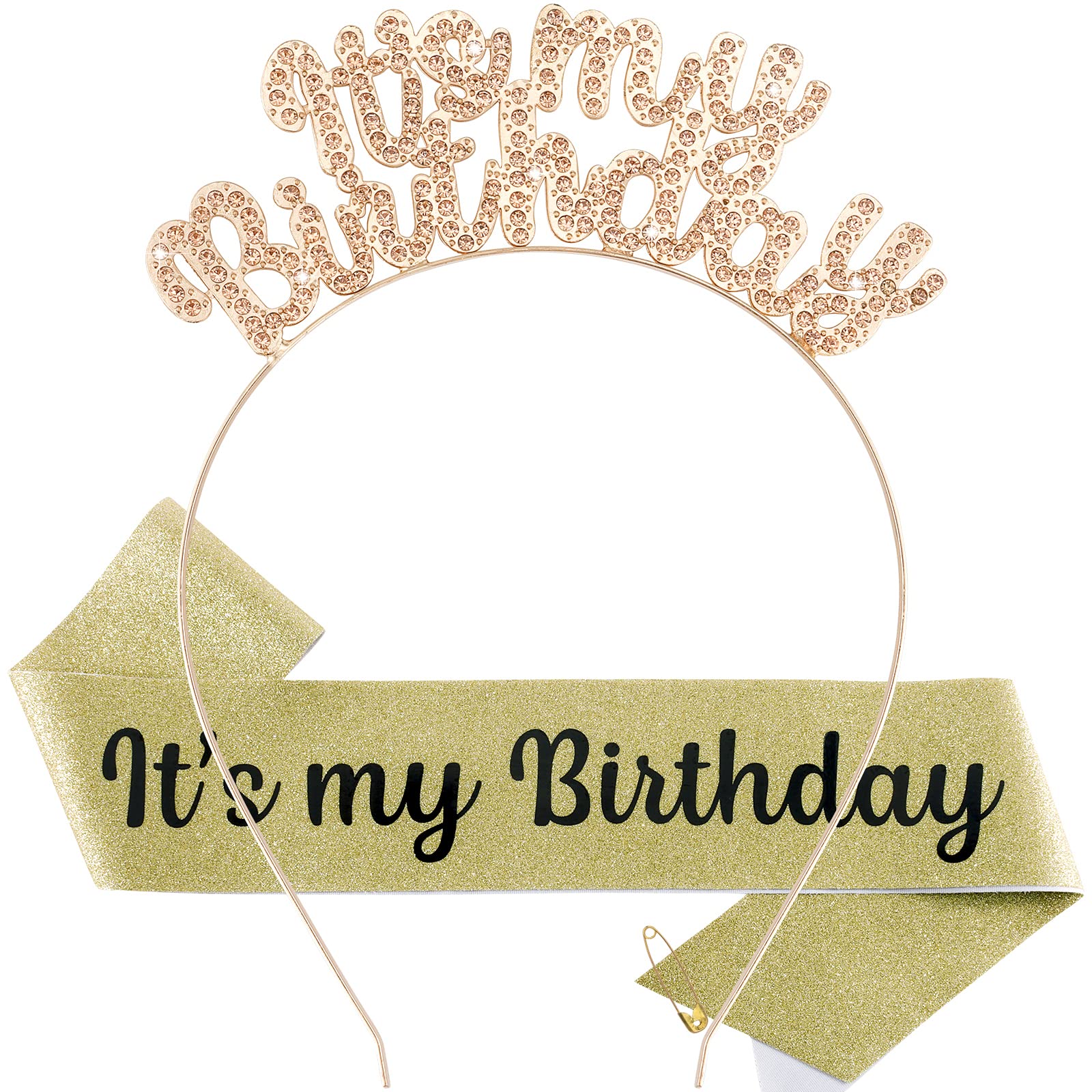 Birthday Crown for Girls & Women - Cute Birthday Tiara, Sash & Headband Set - Champagne Birthday Party Decorations & Gifts - Perfect for Birthday Celebrations, Princess Parties & Special Occasions