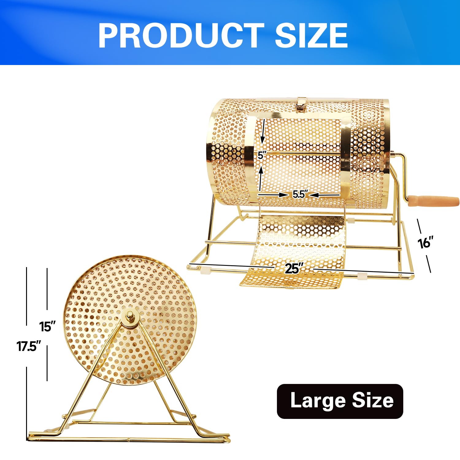 GSE Professional Brass Raffle Drum Spinning Cage - Holds 10,000 Tickets or 300 Ping Pong Balls (Small/Medium/Large/X-Large) - Perfect for Lottery Draws, Casino Nights, School Fundraisers & Charity Events